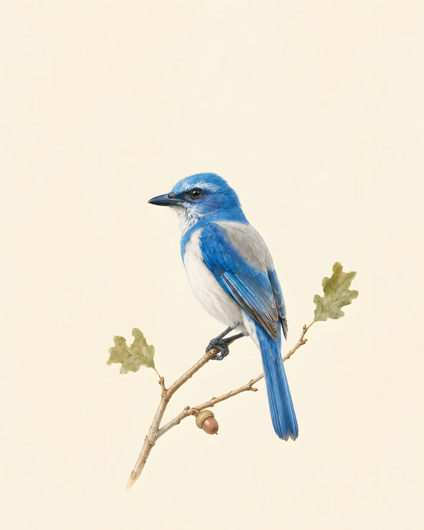 Florida Scrub-Jay Print, soft blue and grey crestless jay, in a contemporary Audubon-inspired natural-history style