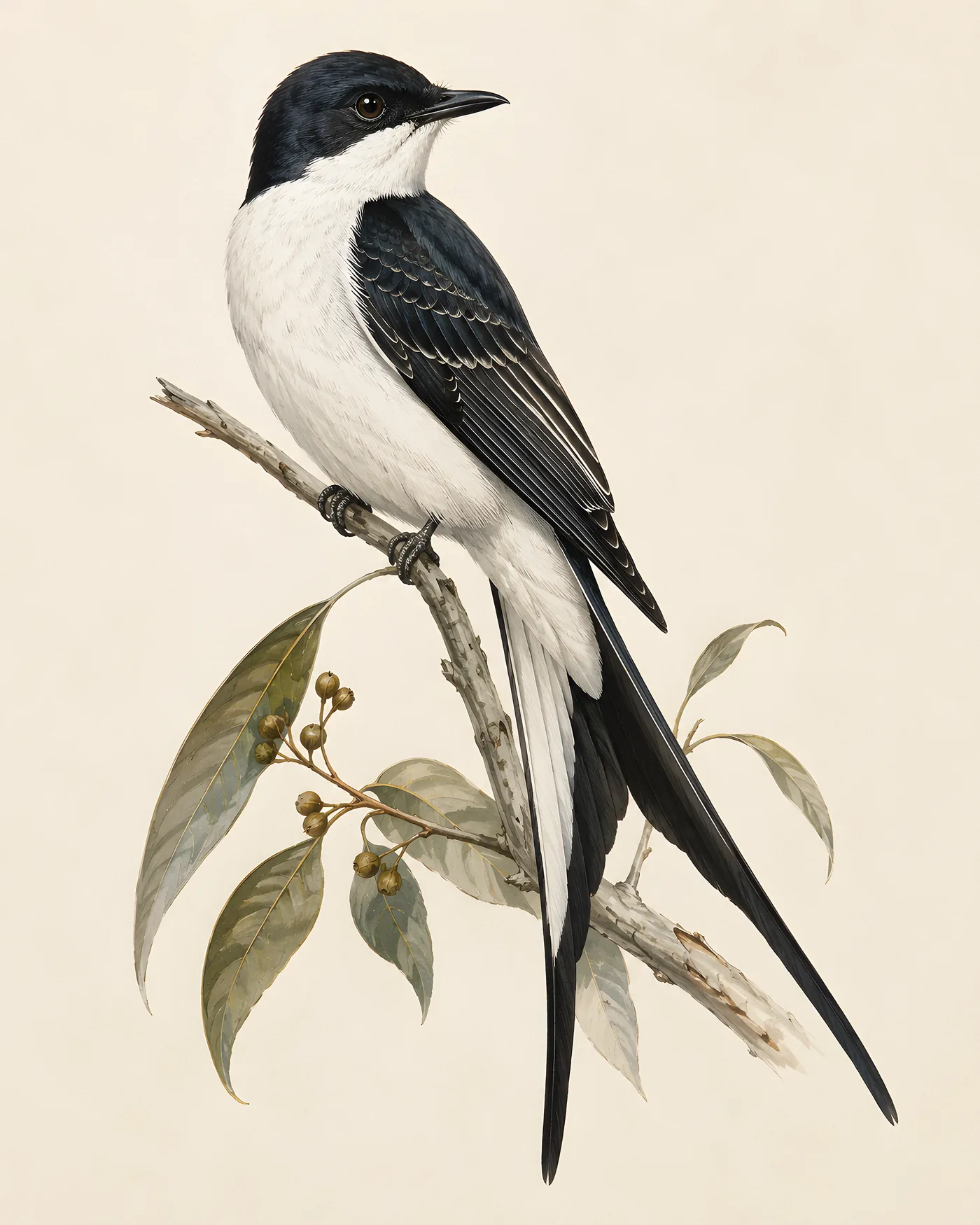 Fine-art Fork Tailed Flycatcher print in the Audubon style