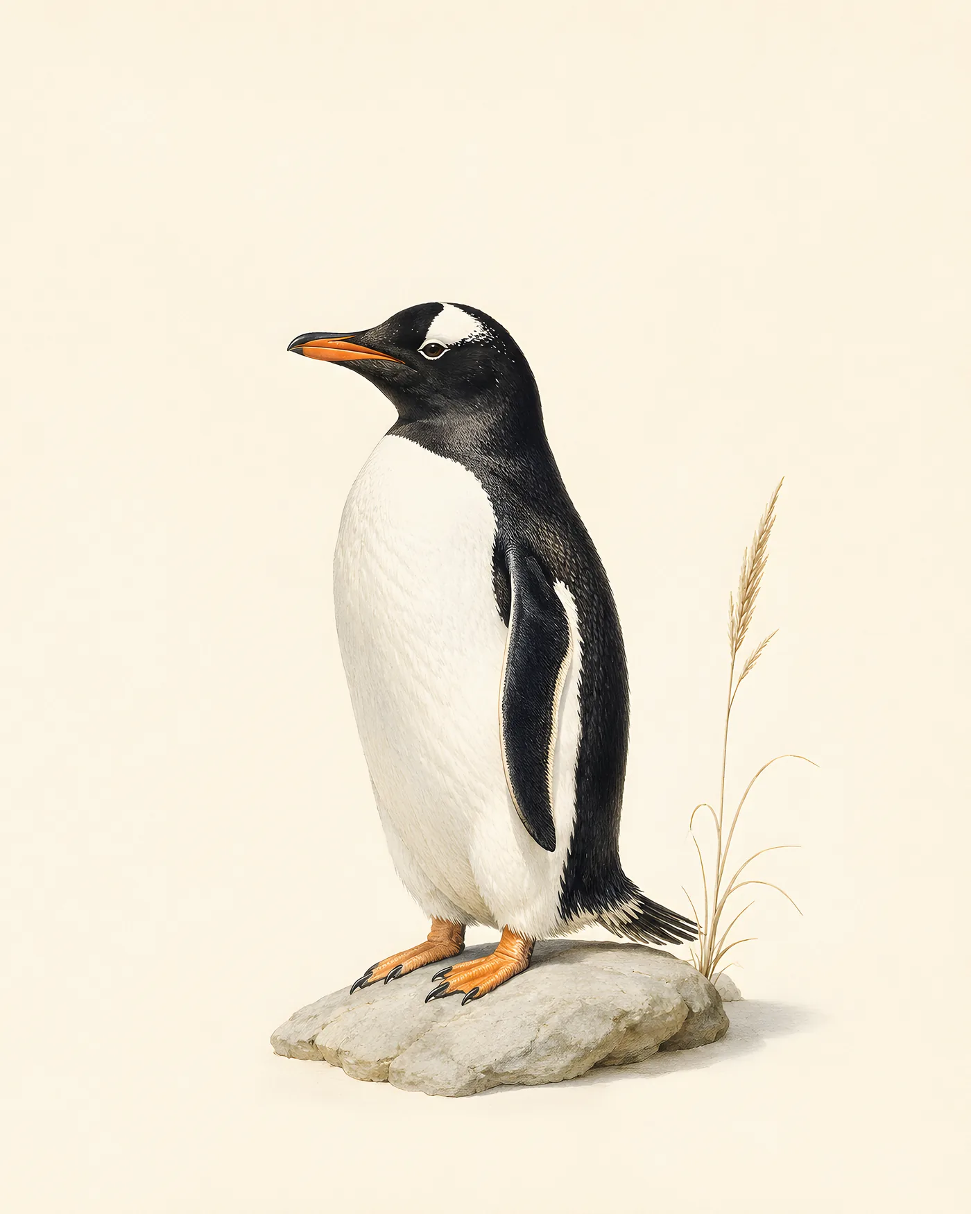 Fine-art print of a Gentoo Penguin standing on a rock, black back and white front with the white eye-patch headband and orange bill, in the Audubon style