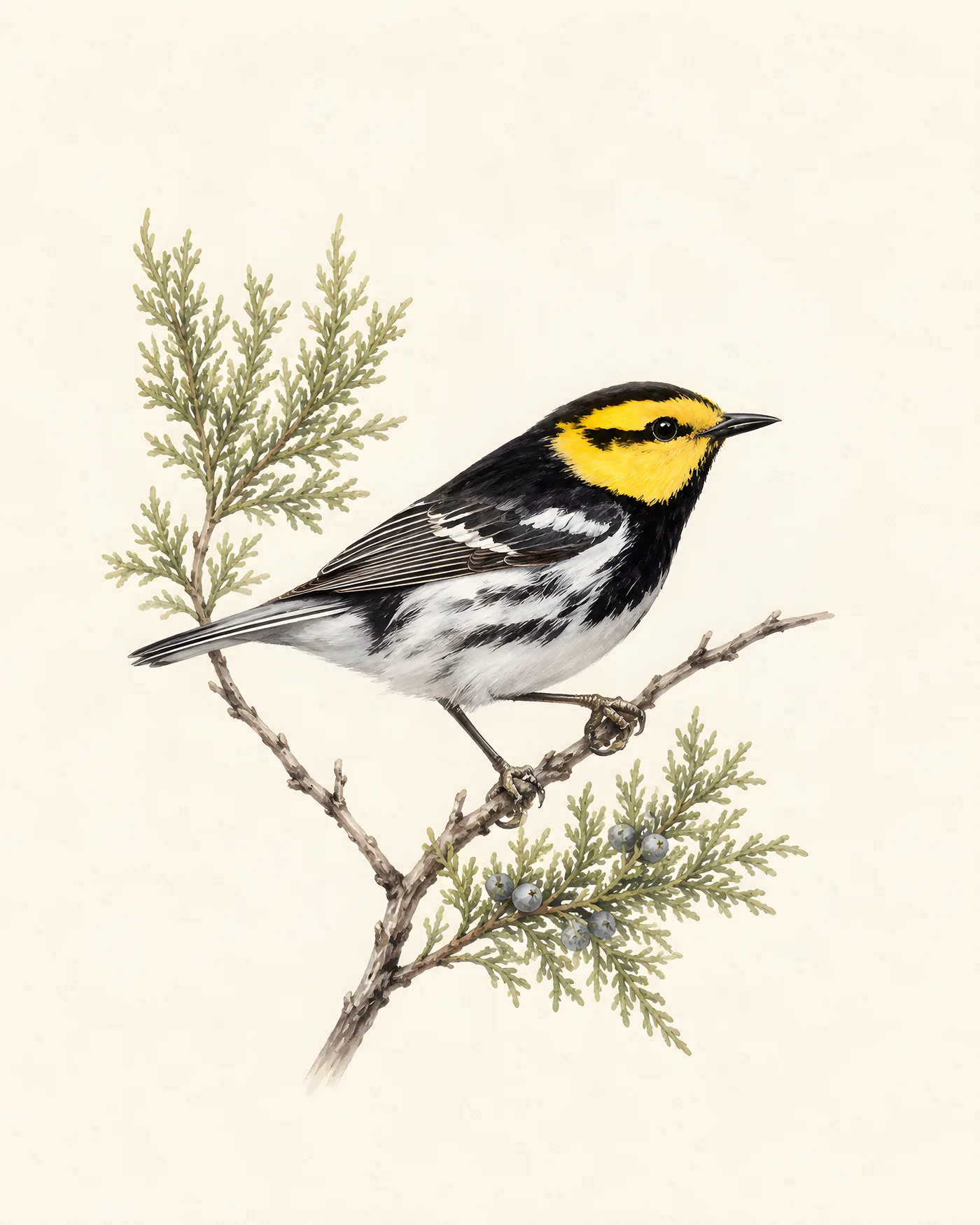 Fine-art Golden-cheeked Warbler print rendered in a contemporary Audubon-inspired natural-history style with a soft paper-grain finish