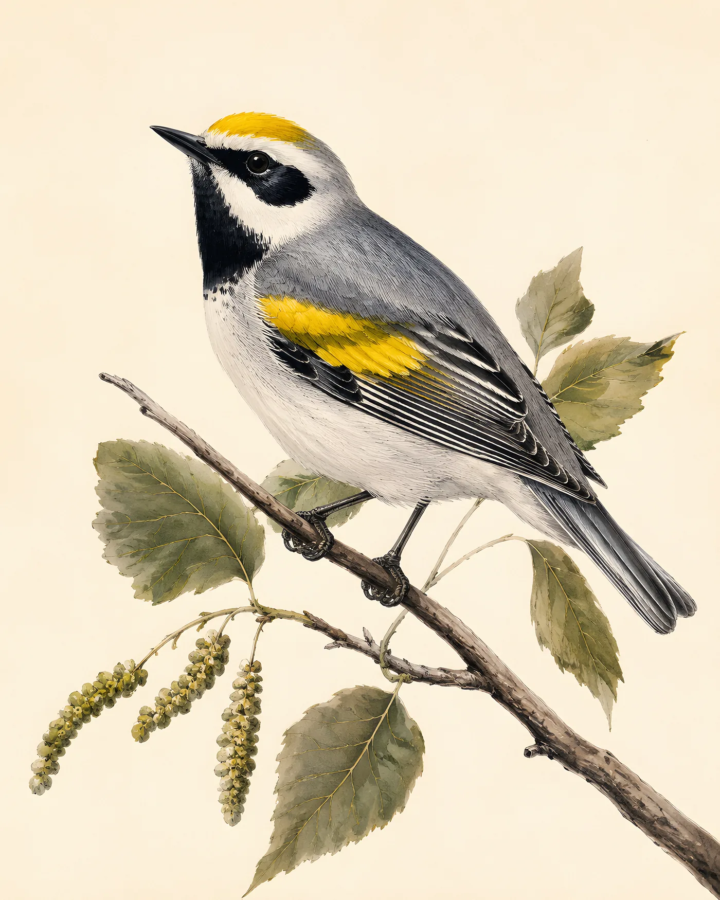 Fine-art Golden-winged Warbler print rendered in a contemporary Audubon-inspired natural-history style with a soft paper-grain finish