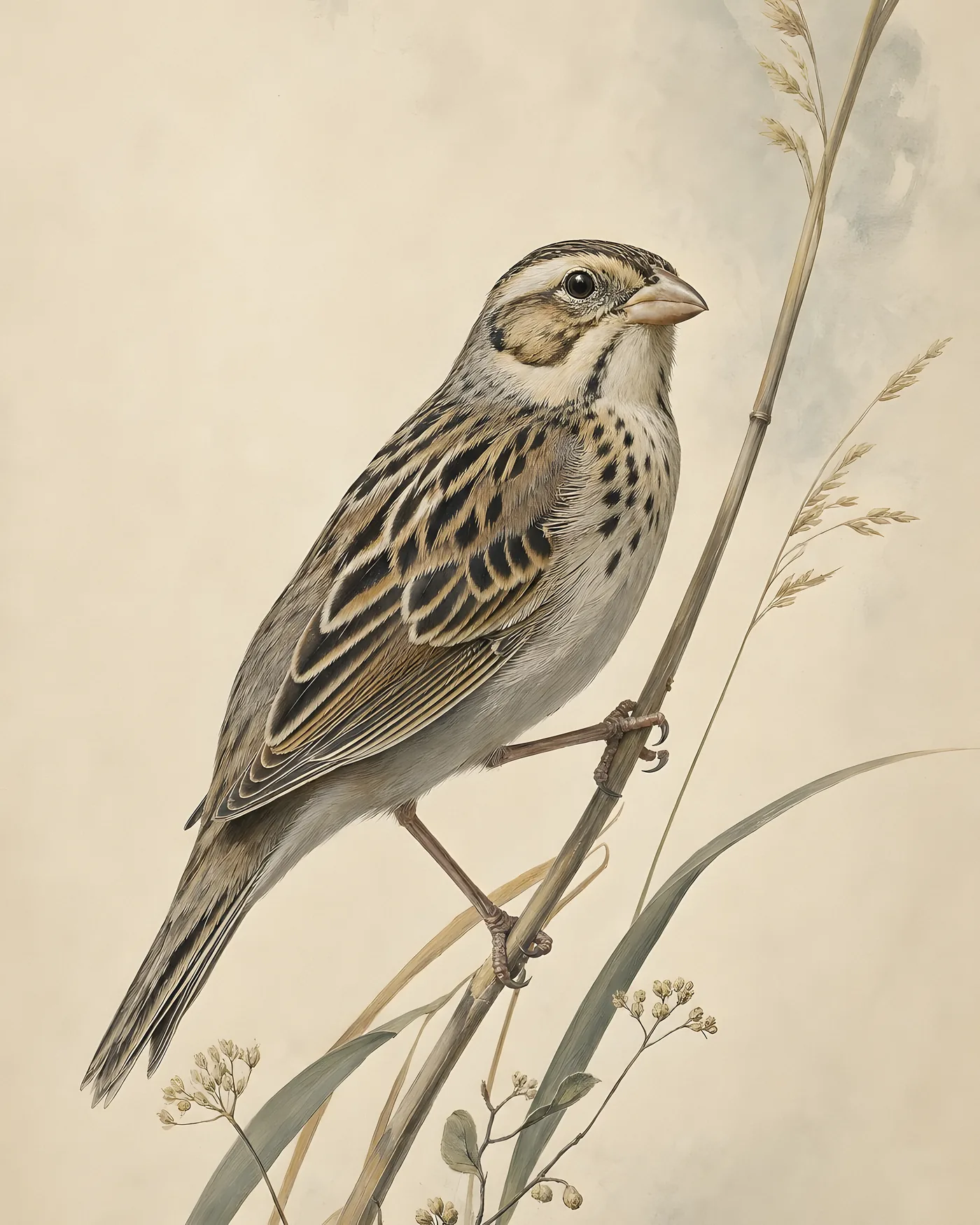 Fine-art Grasshopper Sparrow print in a contemporary Audubon-inspired style