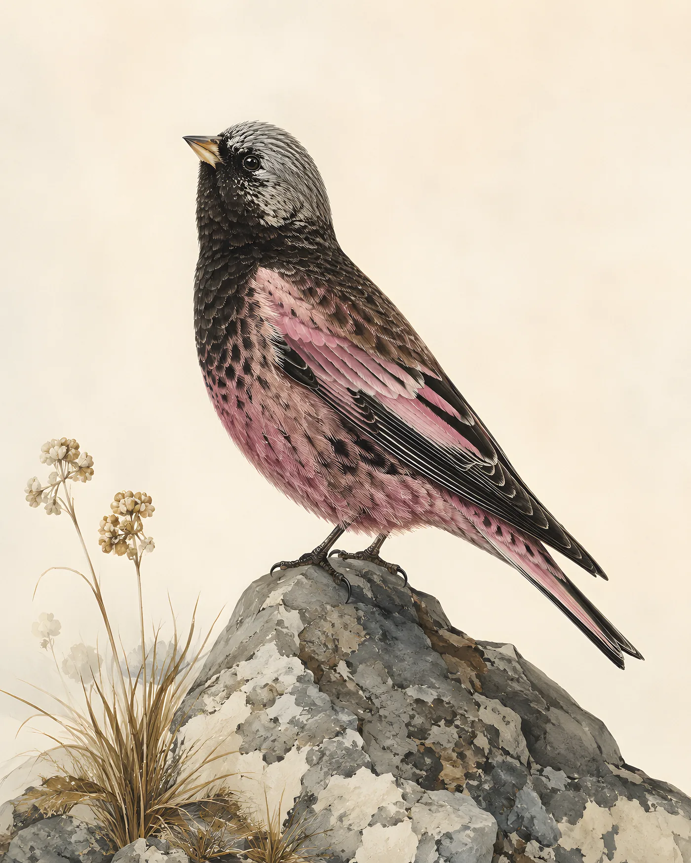 Fine-art Gray Crowned Rosy Finch print in the Audubon style