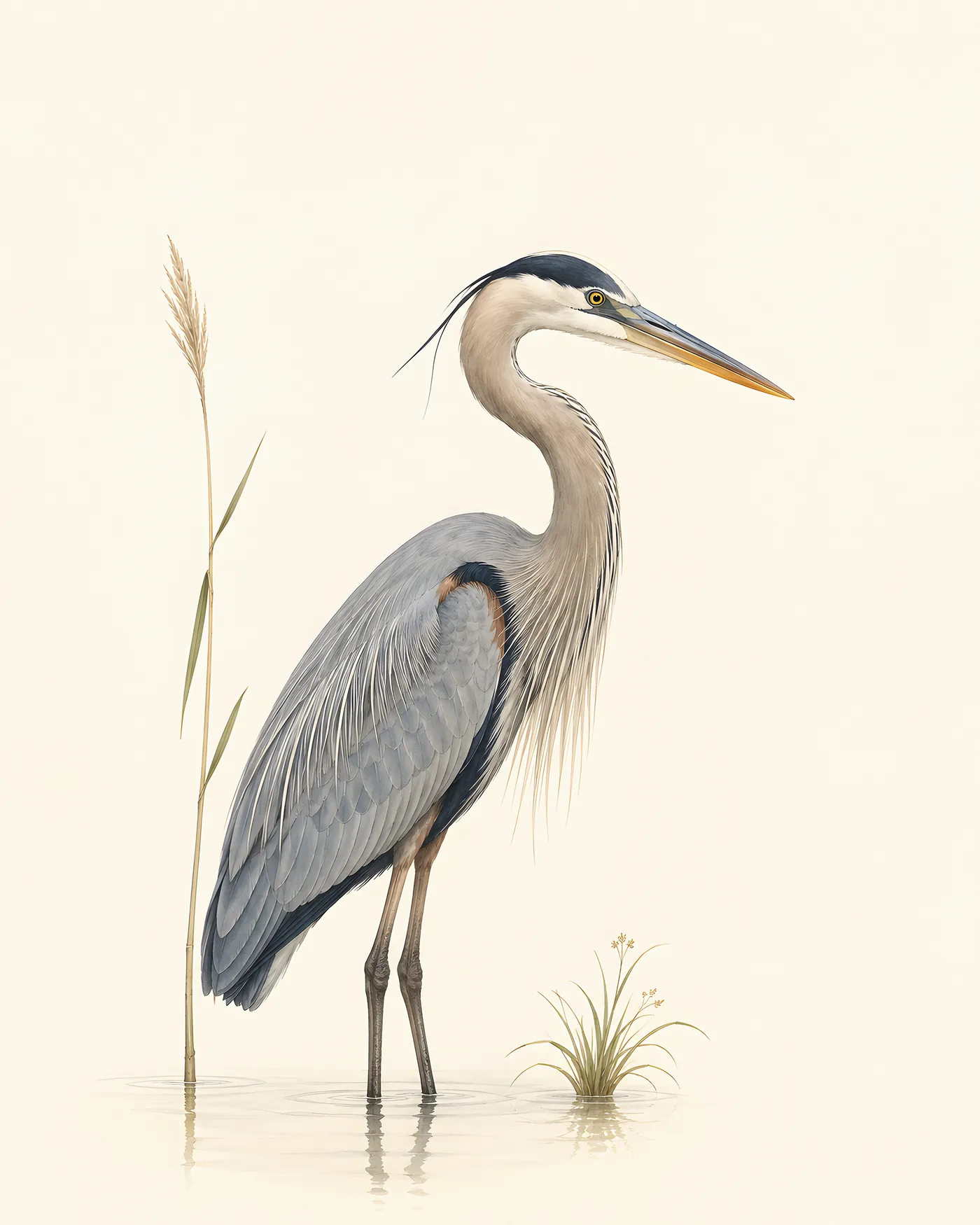 Audubon-style fine-art print of a Great Blue Heron standing at the water's edge