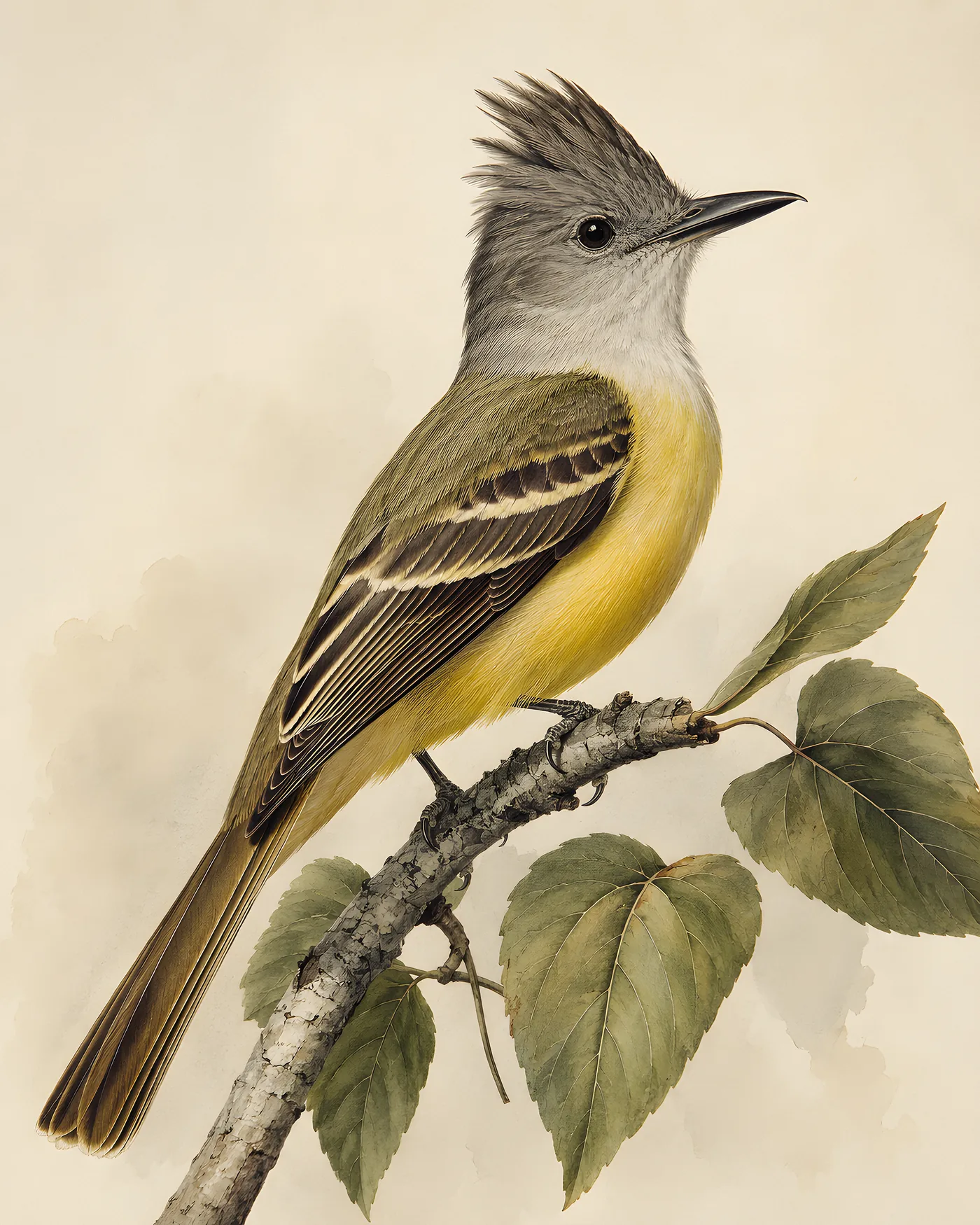 Fine-art Great Crested Flycatcher print in the Audubon style