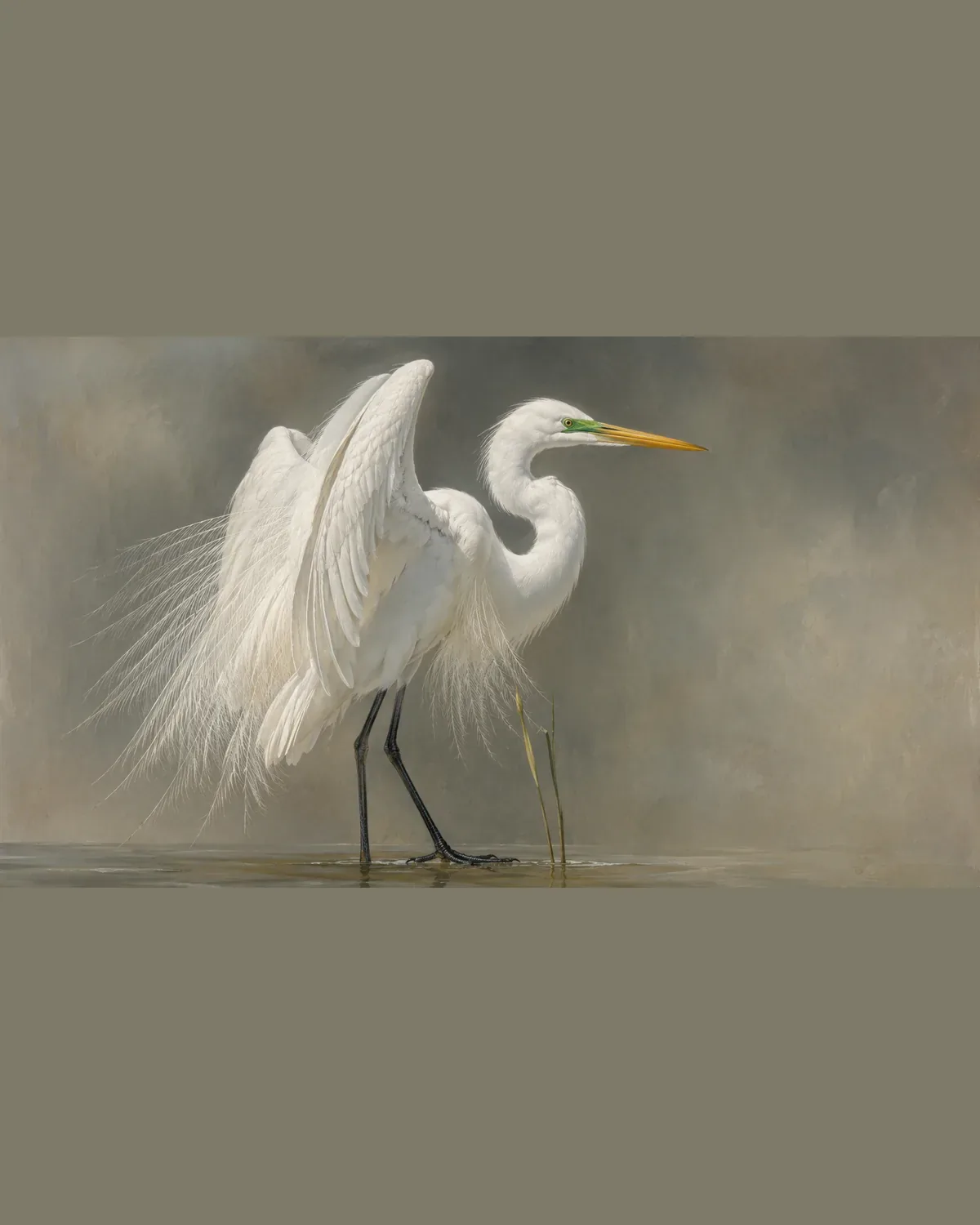 Audubon-style plate of a Great Egret in white breeding plumage, long neck and dagger bill, the trailing plumes once prized by the millinery trade