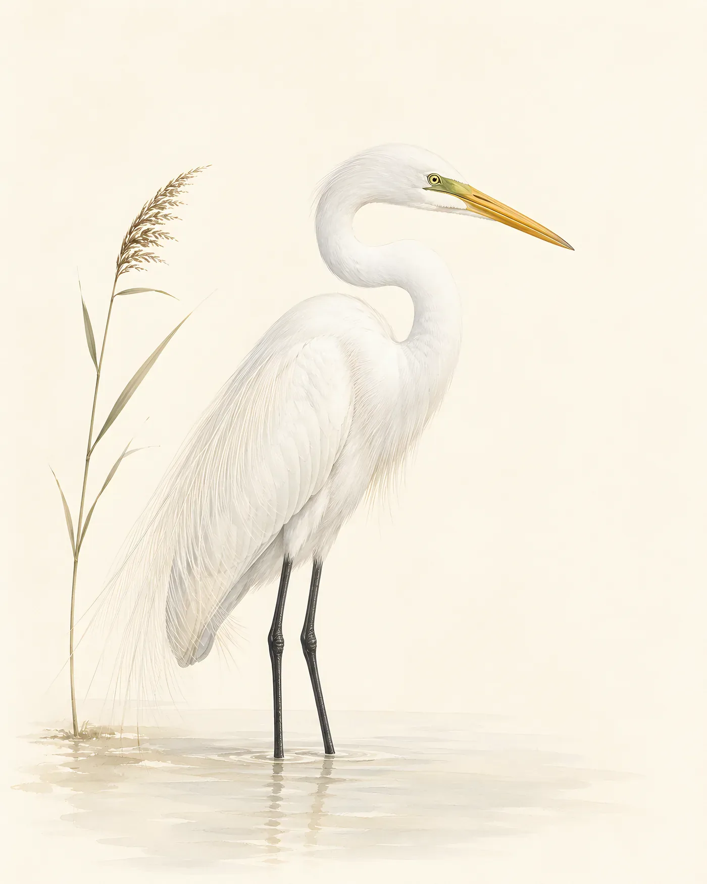 Audubon-style fine-art print of a Great Egret with its wings raised