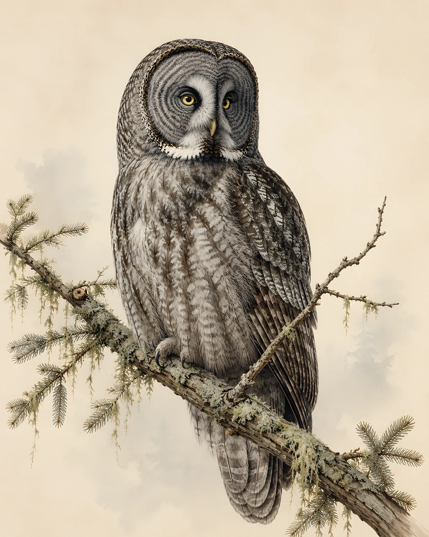 Fine-art Great Gray Owl print in the Audubon style