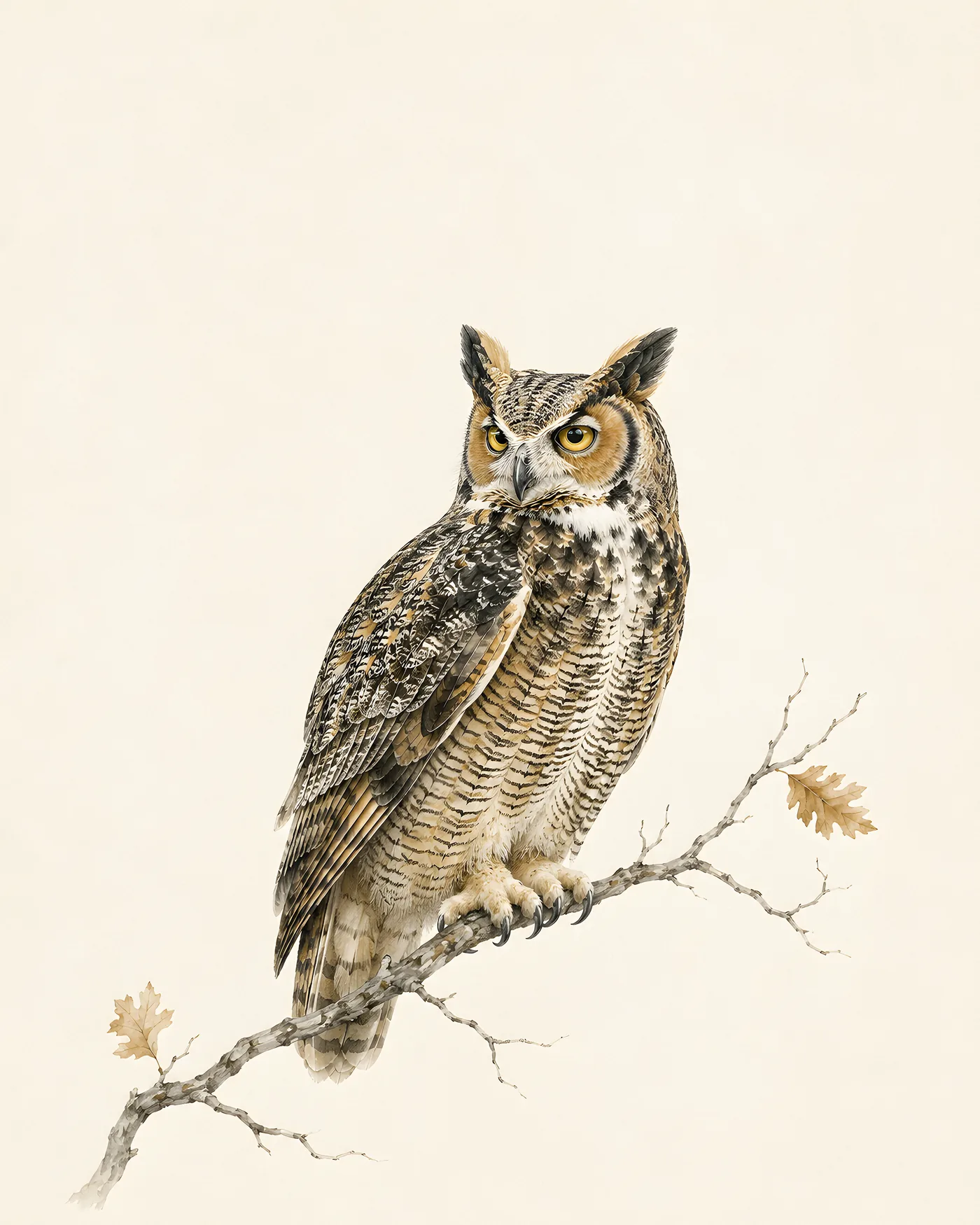 Fine-art Great Horned Owl print on a warm cream ground