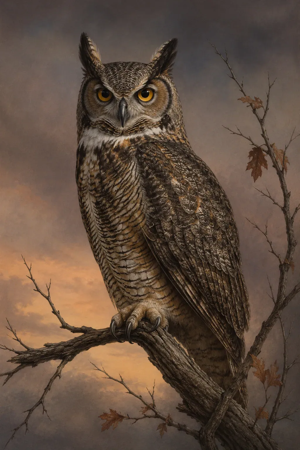 Audubon-style plate of a Great Horned Owl perched at dusk, feather tufts raised, the rounded silhouette that sets owls apart from daytime raptors