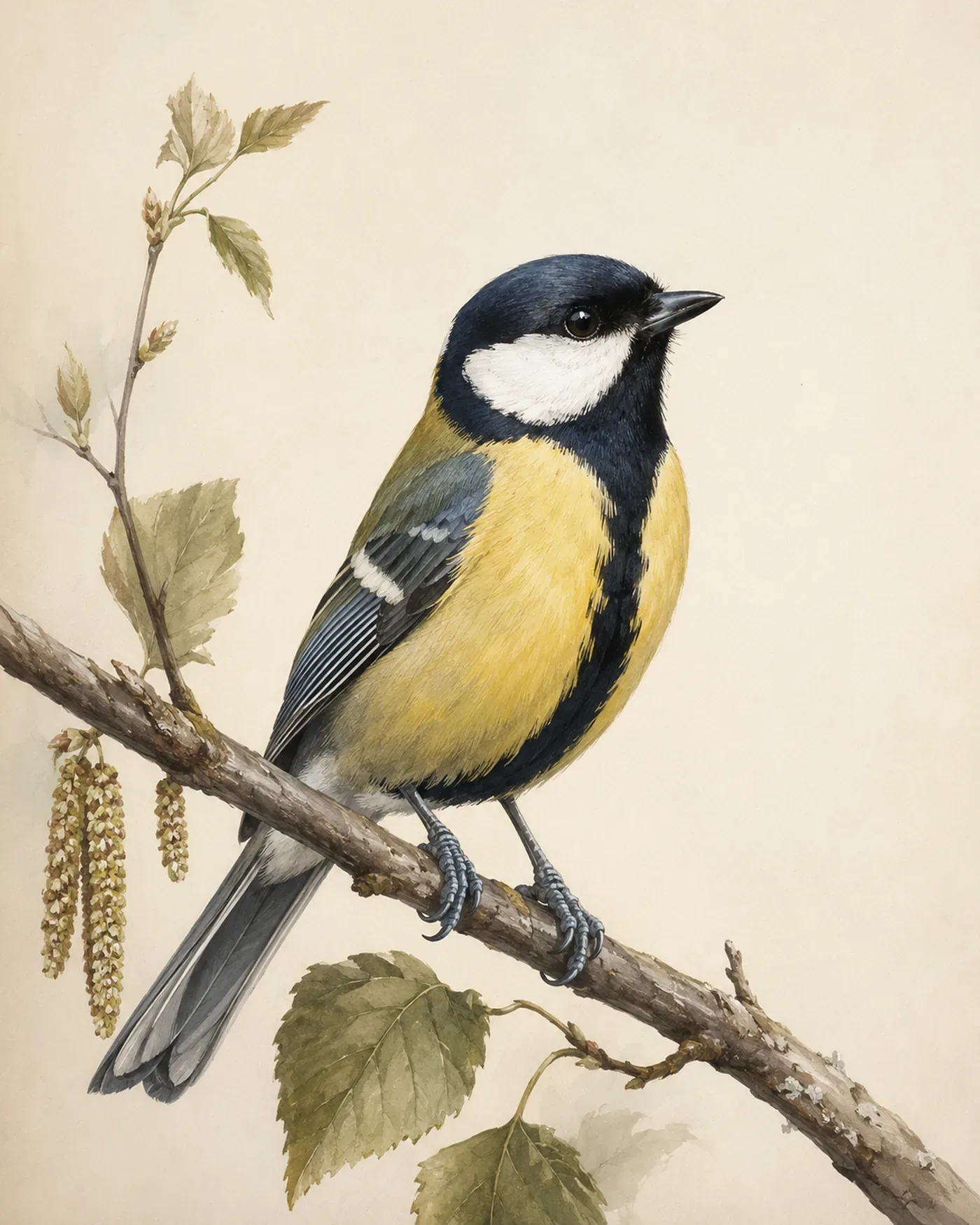 Great Tit on a branch, black stripe bisecting yellow breast, in the Audubon style