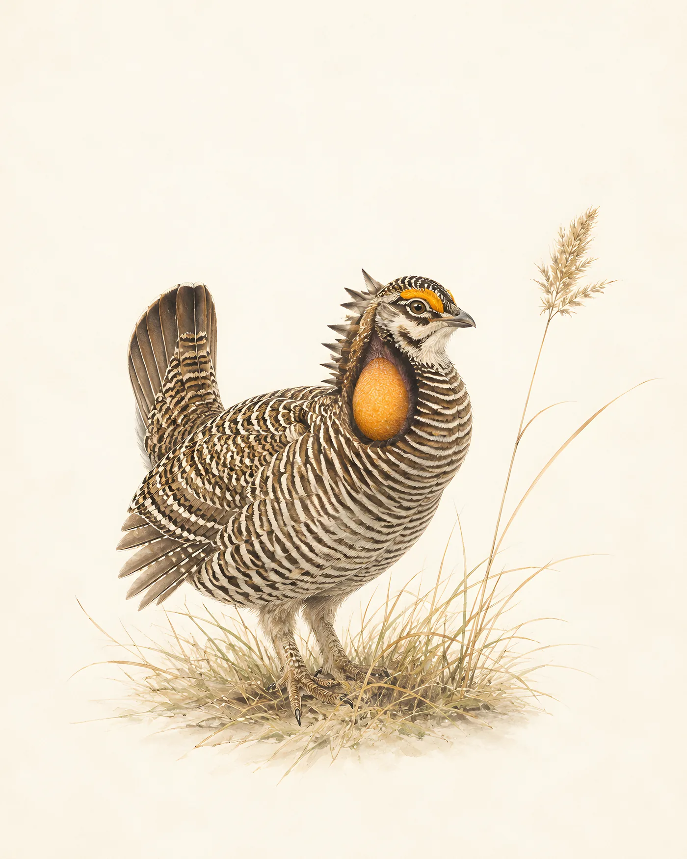 Fine-art Greater Prairie Chicken print in the Audubon style