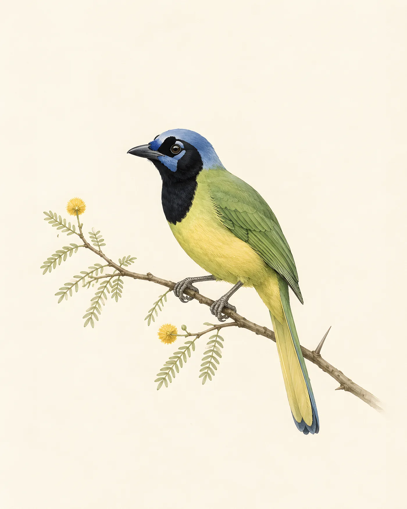 Green Jay Print, lime-green body with a blue and black head and yellow tail, in a contemporary Audubon-inspired natural-history style