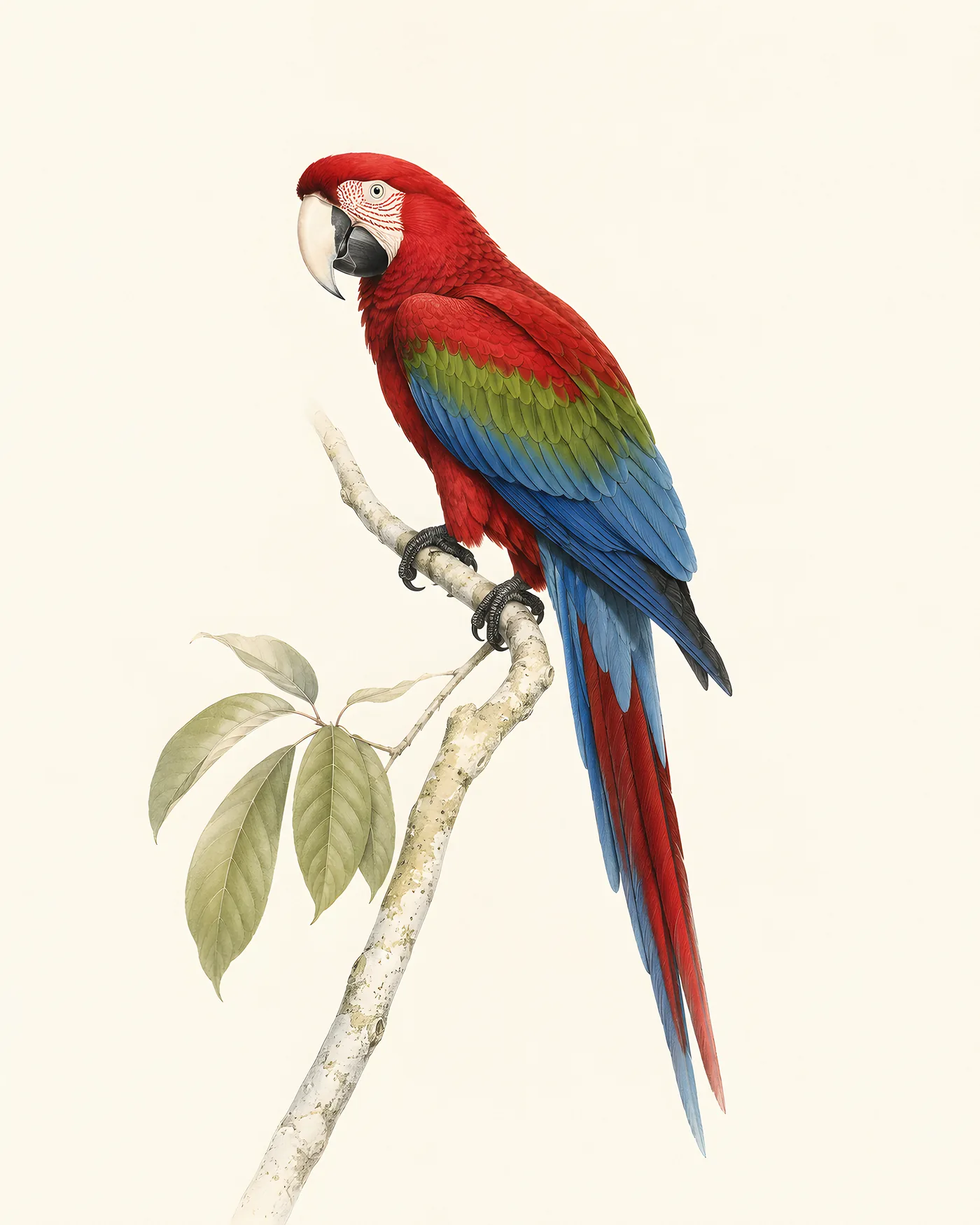 Green-winged Macaw perched on a pale rainforest branch with red plumage, green wing band and blue feathers.