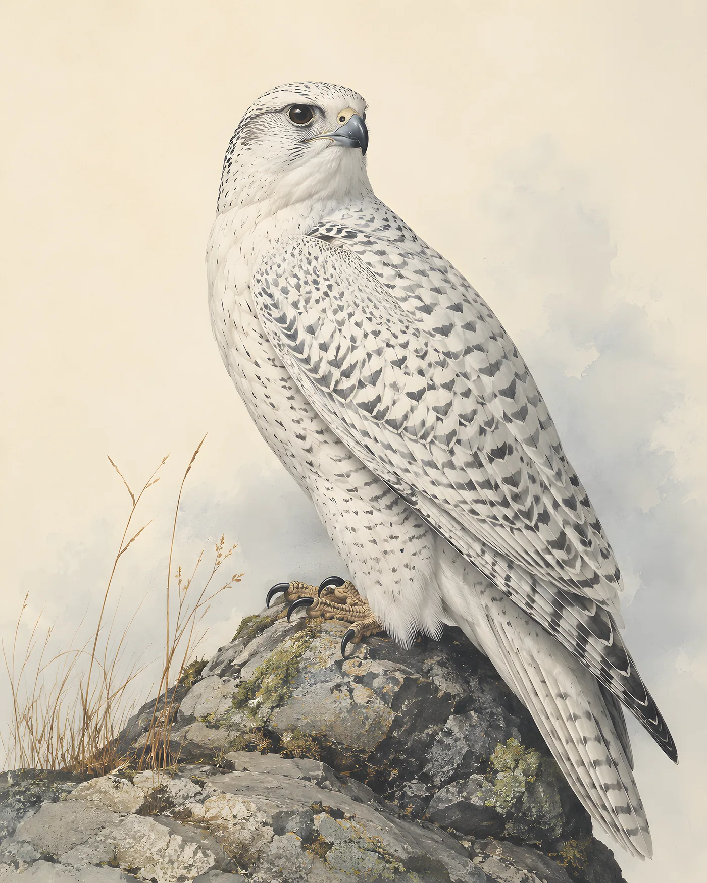 Fine-art Gyrfalcon print in the Audubon style