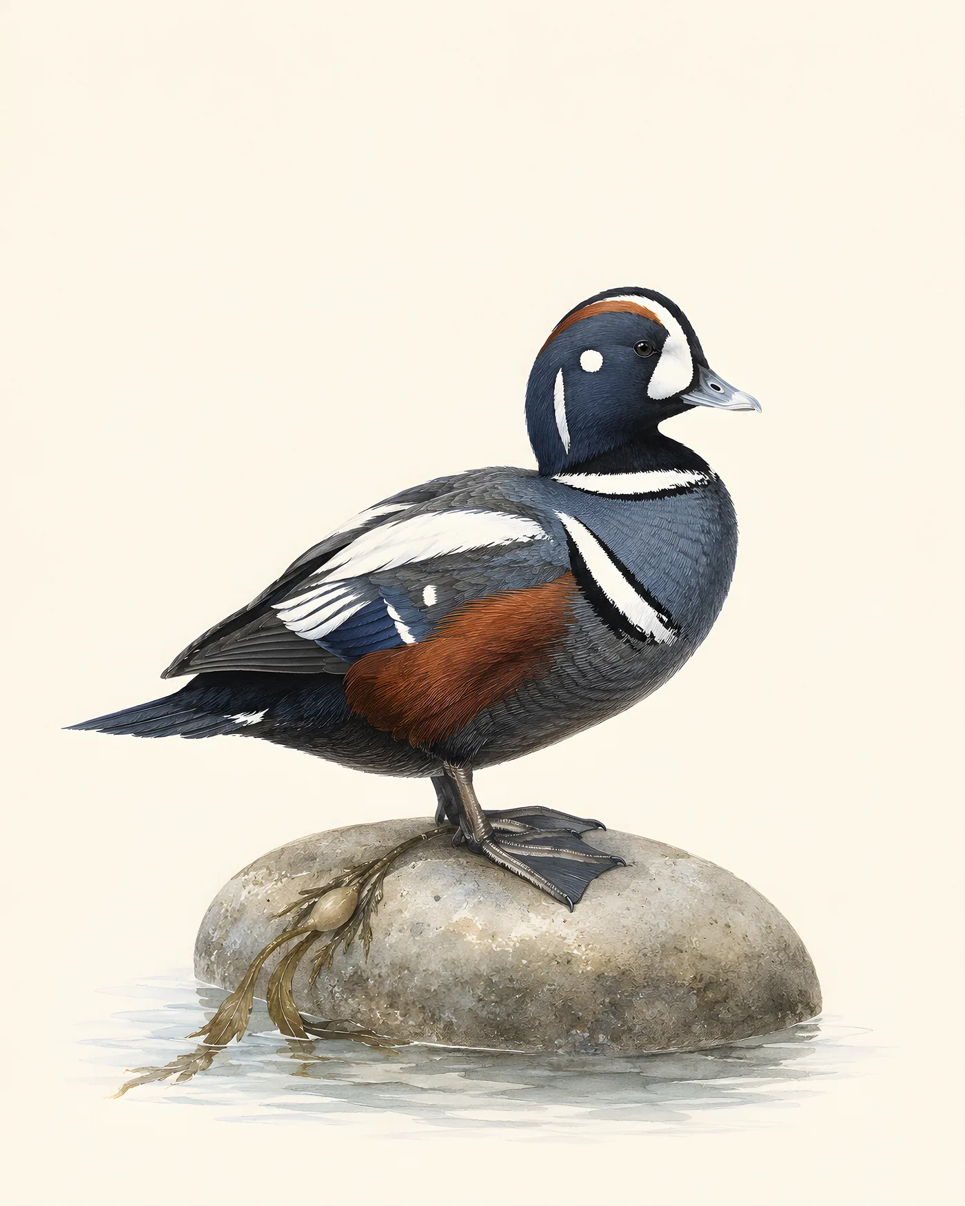 Fine-art Harlequin Duck print in the Audubon style