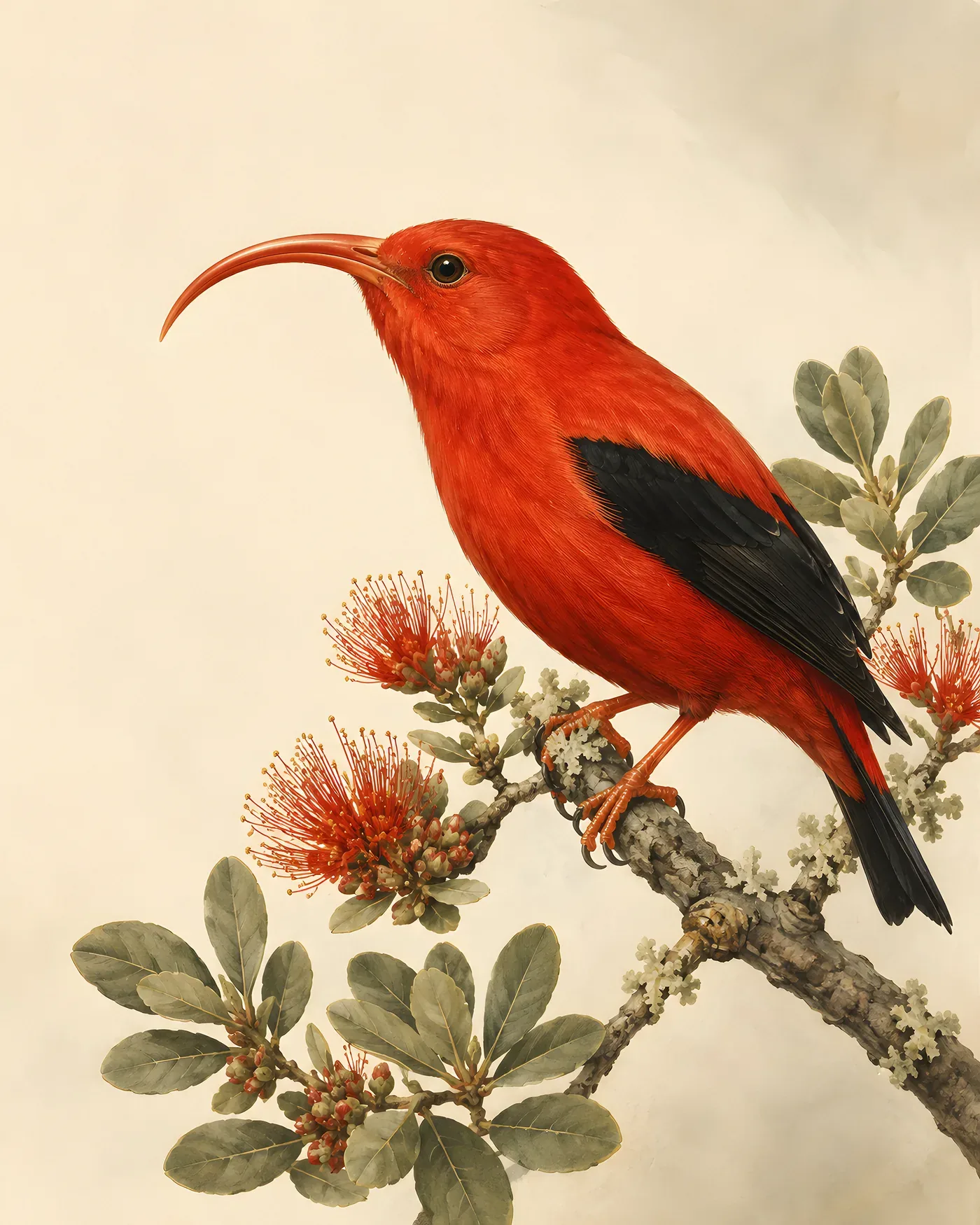 Fine-art Hawaiian Honeycreeper print in the Audubon style