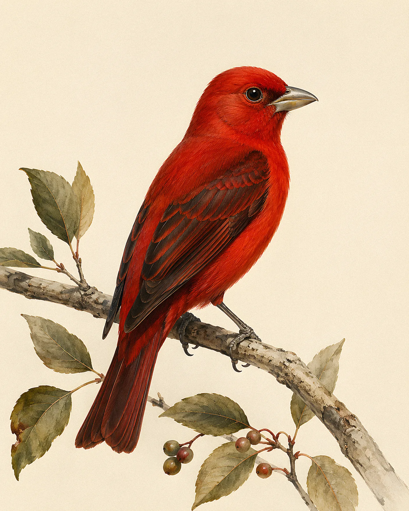 Fine-art print of a male Hepatic Tanager in dark brick-red with grey flanks perched on a pine branch, Audubon style