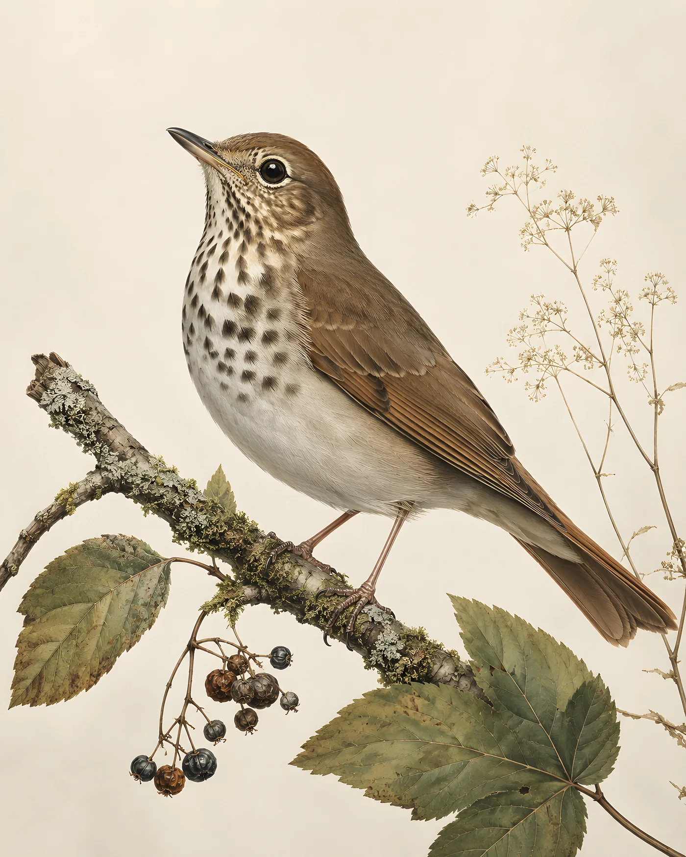 Fine-art Hermit Thrush print in the Audubon style