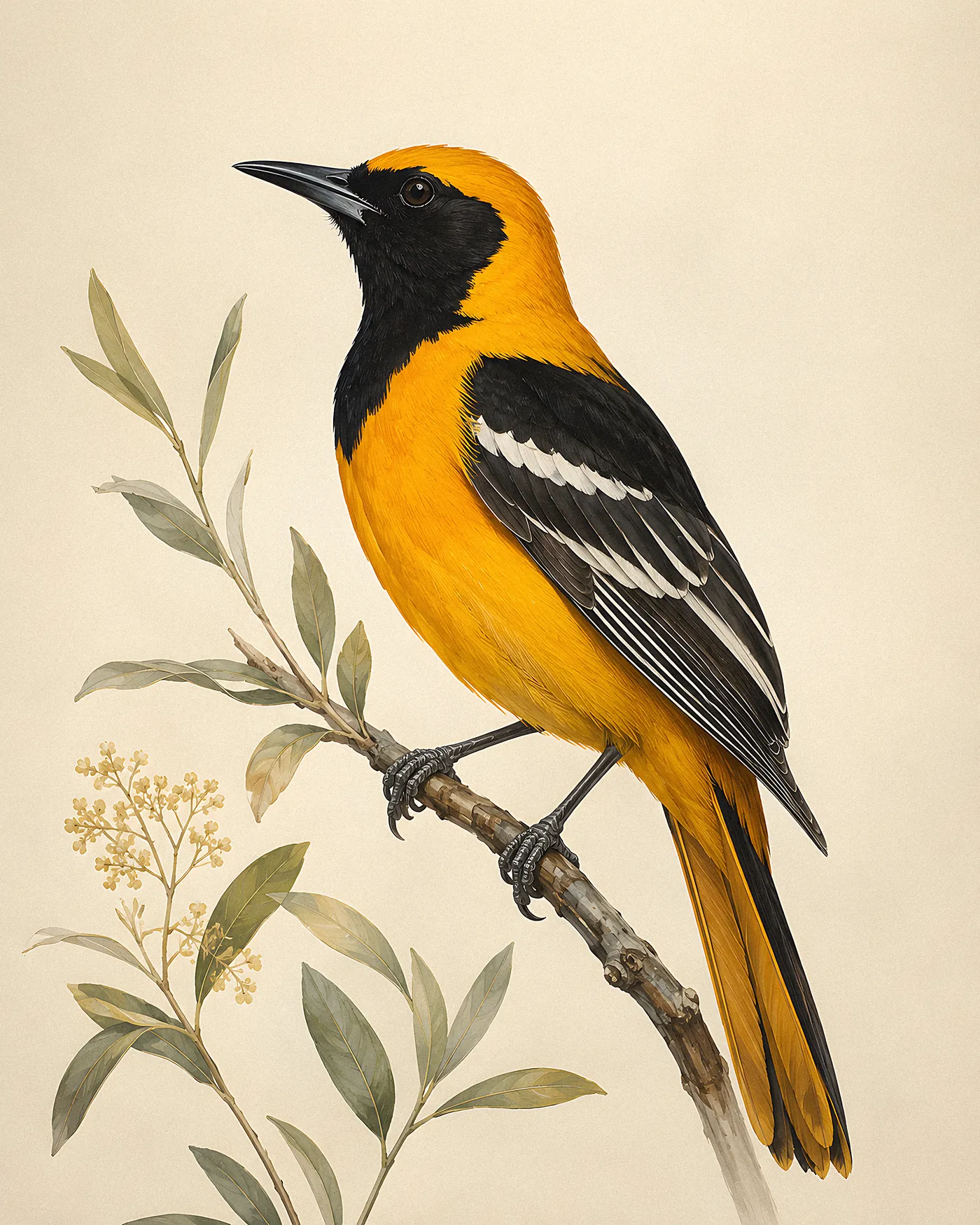 Fine-art print of a male Hooded Oriole in warm yellow-orange with a black face and bib against a palm frond background, Audubon style