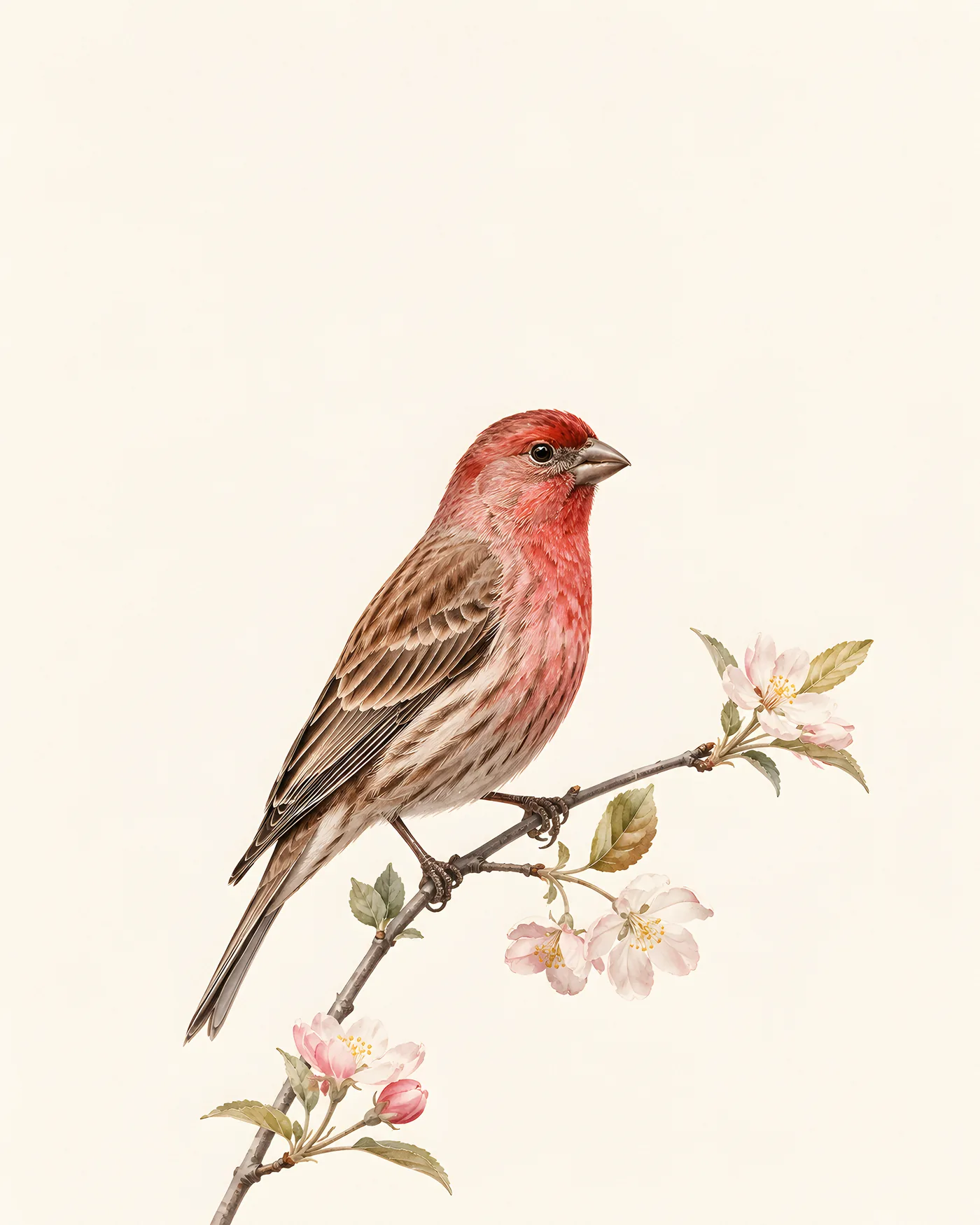 Fine-art plate of a House Finch on a flowering branch in the Audubon style