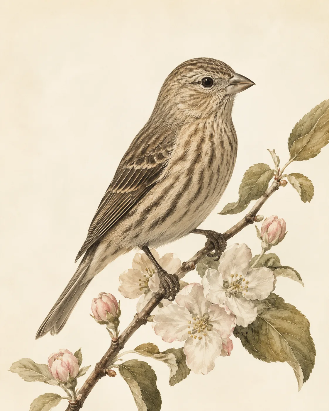 Fine-art plate of a female House Finch on an apple-blossom branch, grey-brown with heavy streaking, in the Audubon style