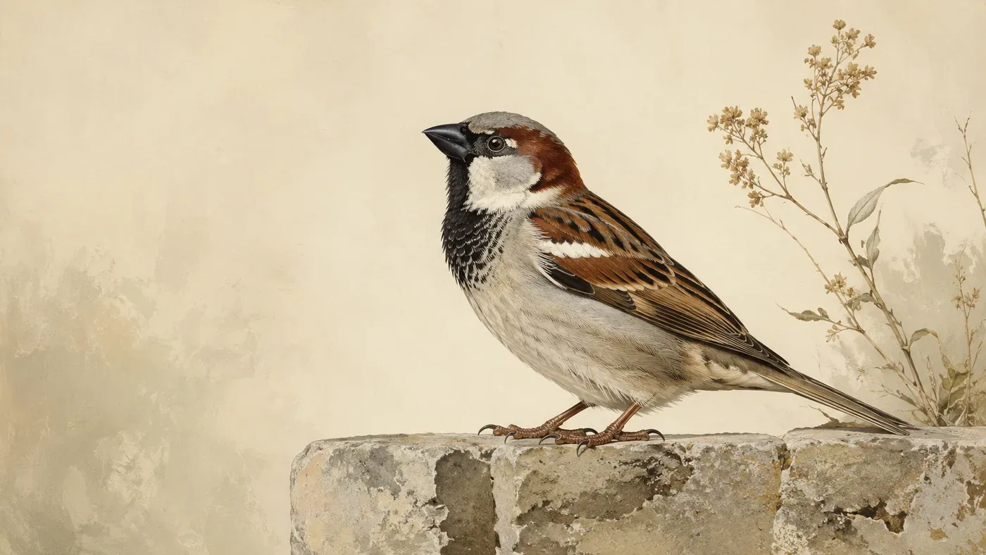 House Sparrow male in breeding plumage on a stone wall, in the Audubon style