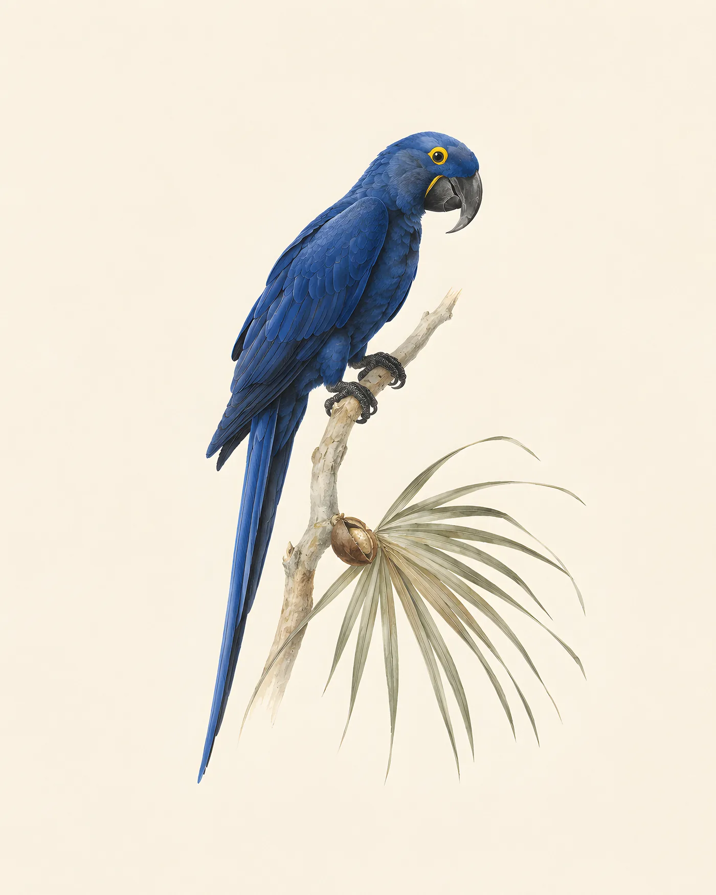 Hyacinth Macaw perched on a slender rainforest branch with deep blue plumage and yellow facial markings in an Audubon-inspired style.
