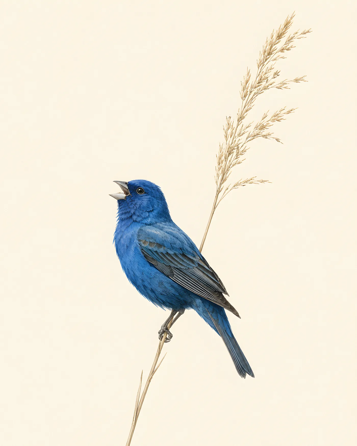 Audubon-inspired fine-art print of an Indigo Bunting perched on a summer field
