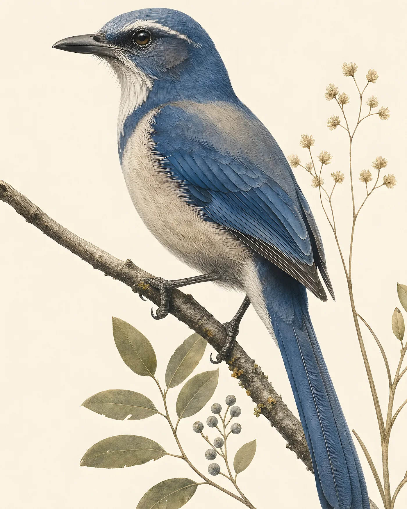 Island Scrub-Jay Print, deep-blue crestless jay, in a contemporary Audubon-inspired natural-history style