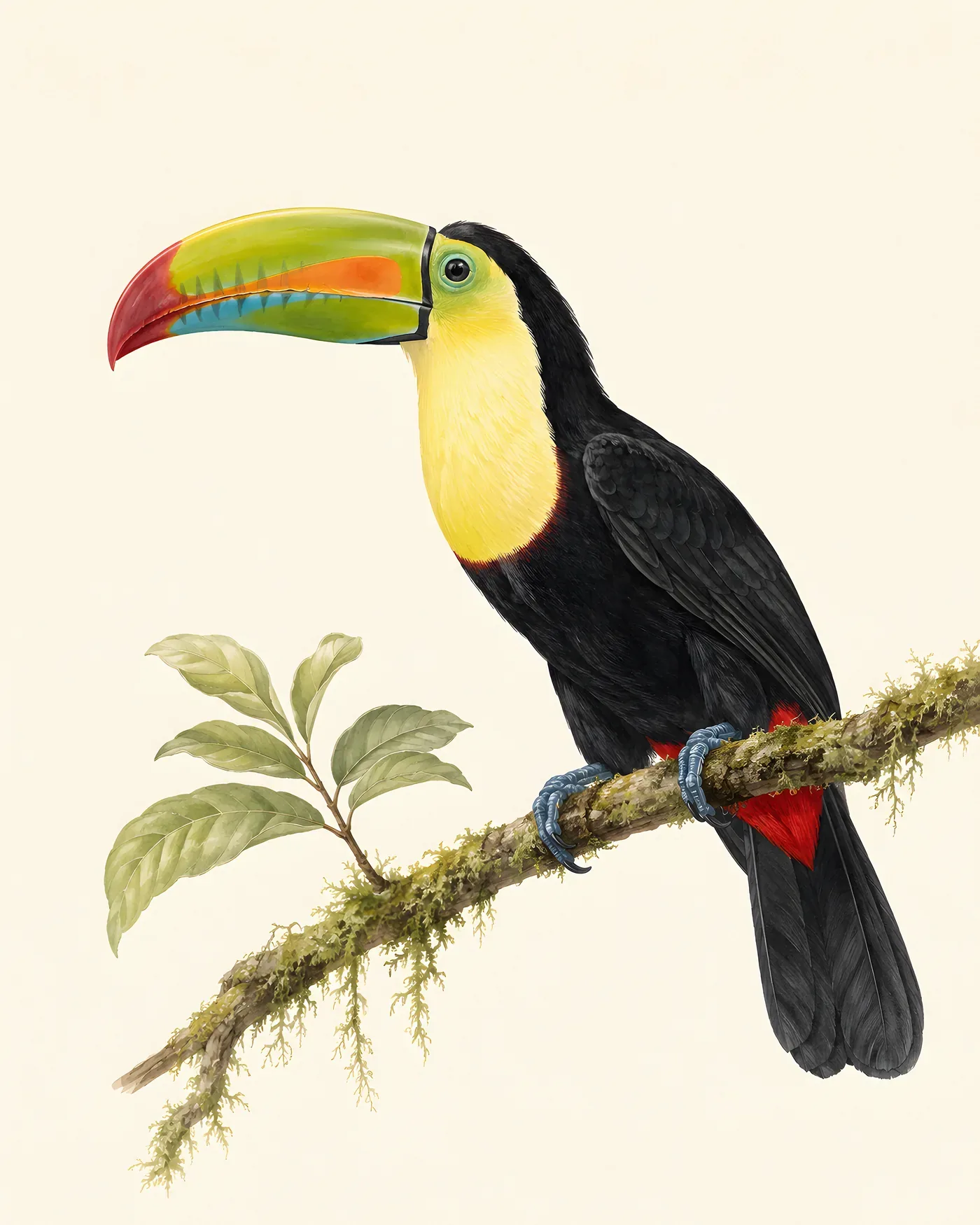 Keel-billed Toucan perched on a mossed rainforest branch with colourful bill and yellow throat.