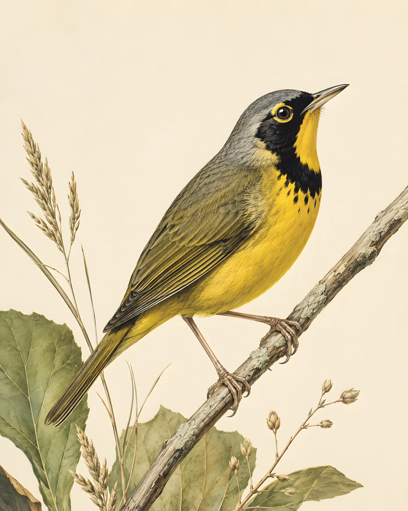 Fine-art Kentucky Warbler print rendered in a contemporary Audubon-inspired natural-history style with a soft paper-grain finish