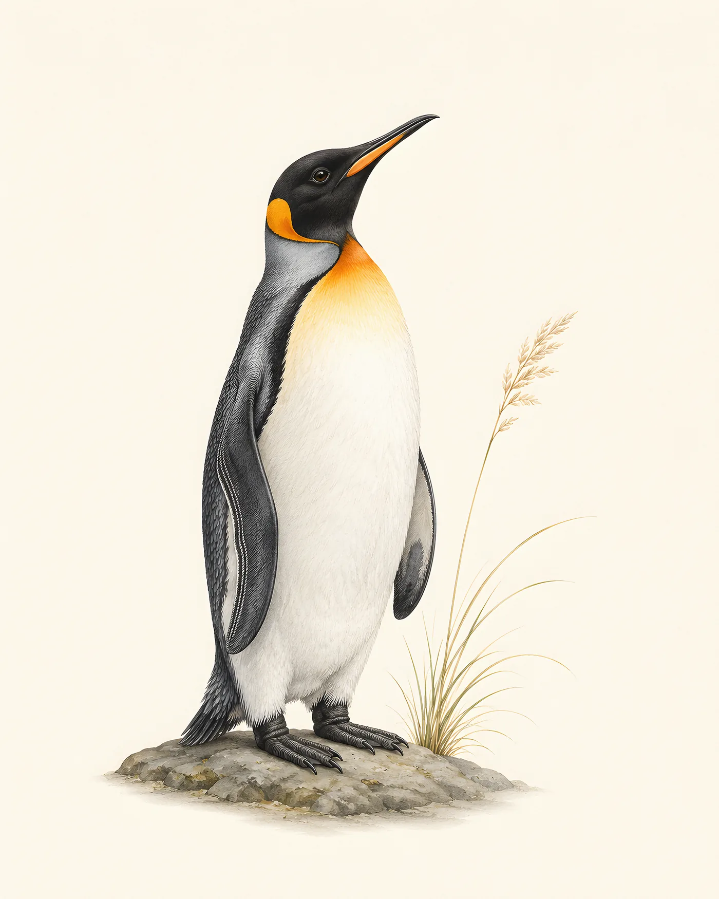 Fine-art print of a King Penguin upright on a sub-Antarctic shore, the orange teardrop ear-patches and bright bill stripe in the Audubon style