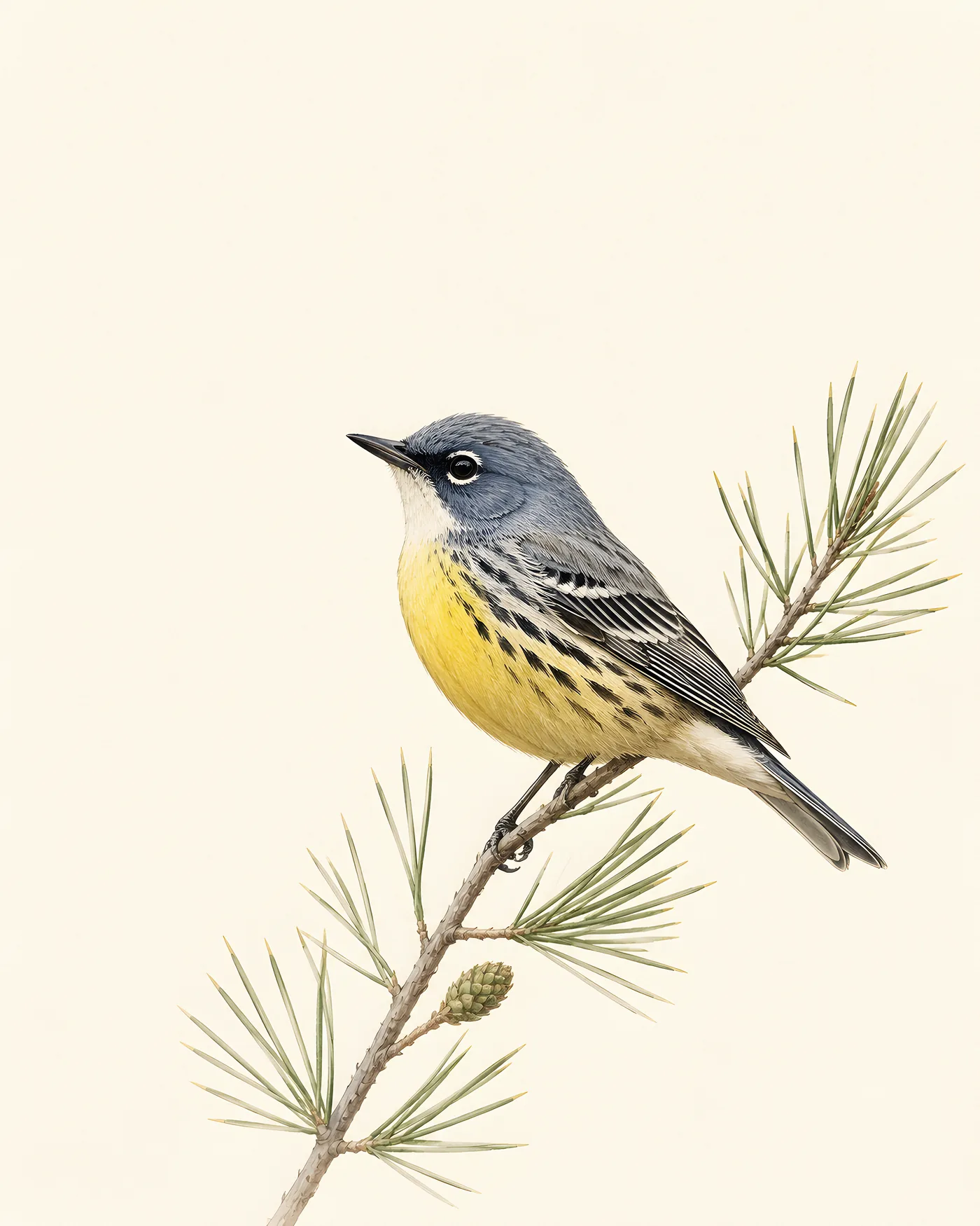 Fine-art Kirtland's Warbler print rendered in a contemporary Audubon-inspired natural-history style with a soft paper-grain finish