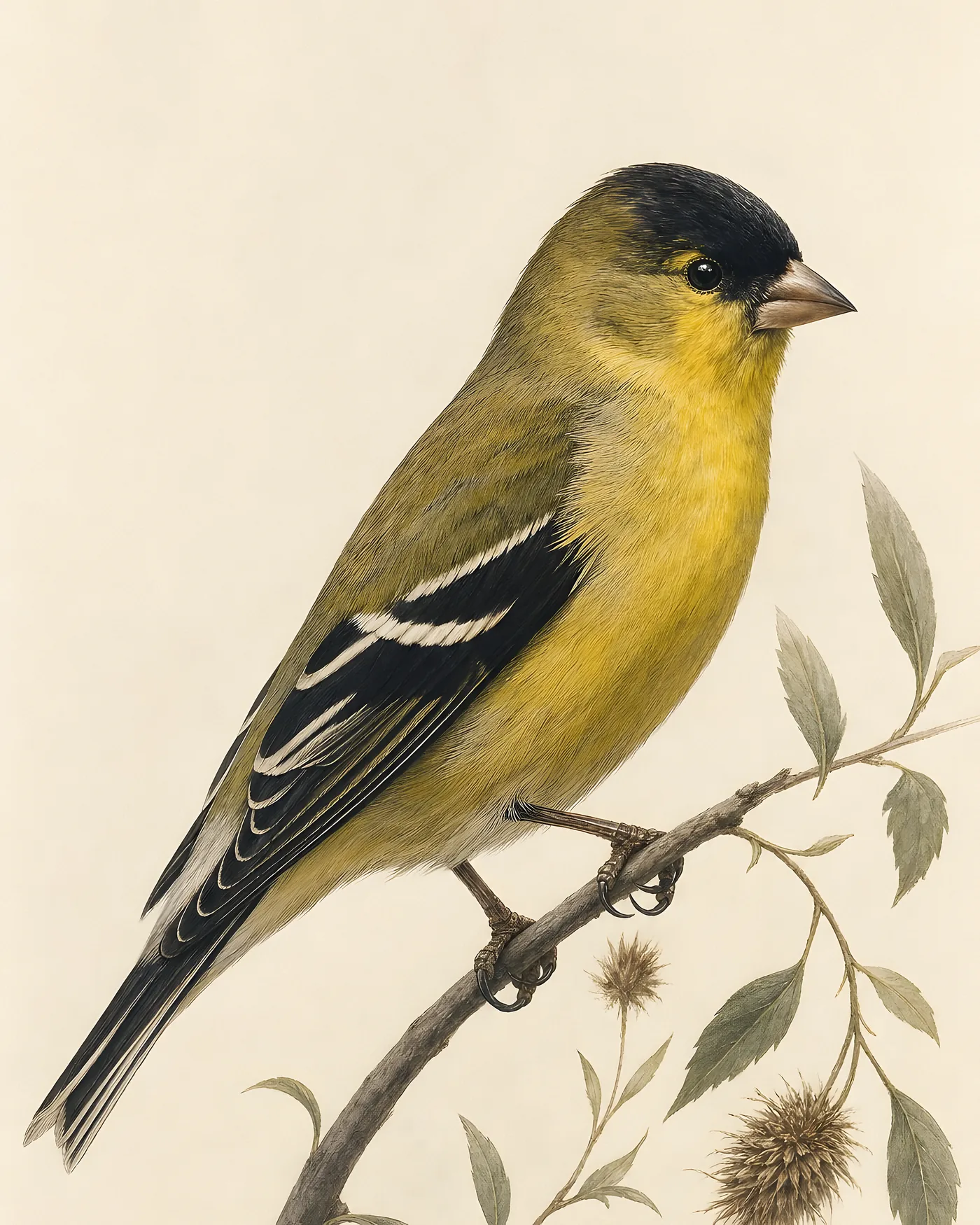 Fine-art plate of a male Lesser Goldfinch on a thistle stem, dark back and yellow underparts, in the Audubon style