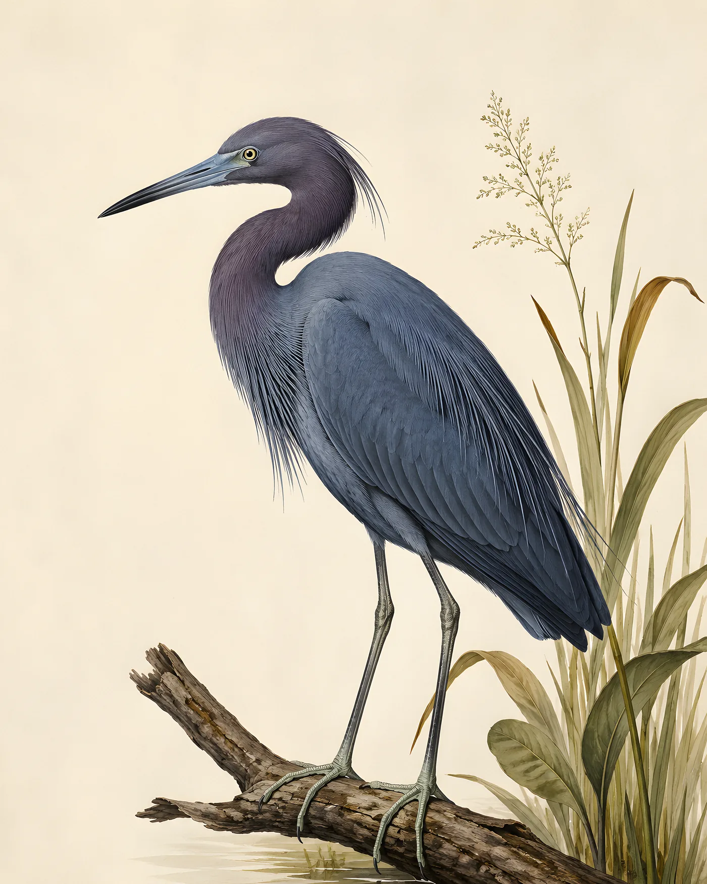 Fine-art Little Blue Heron print in the Audubon style