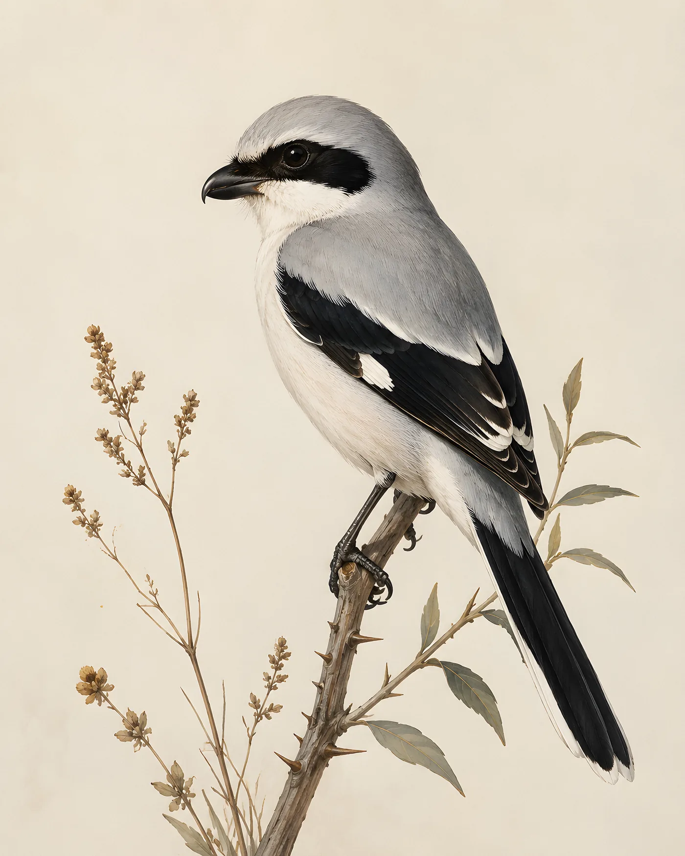 Fine-art Loggerhead Shrike print in the Audubon style