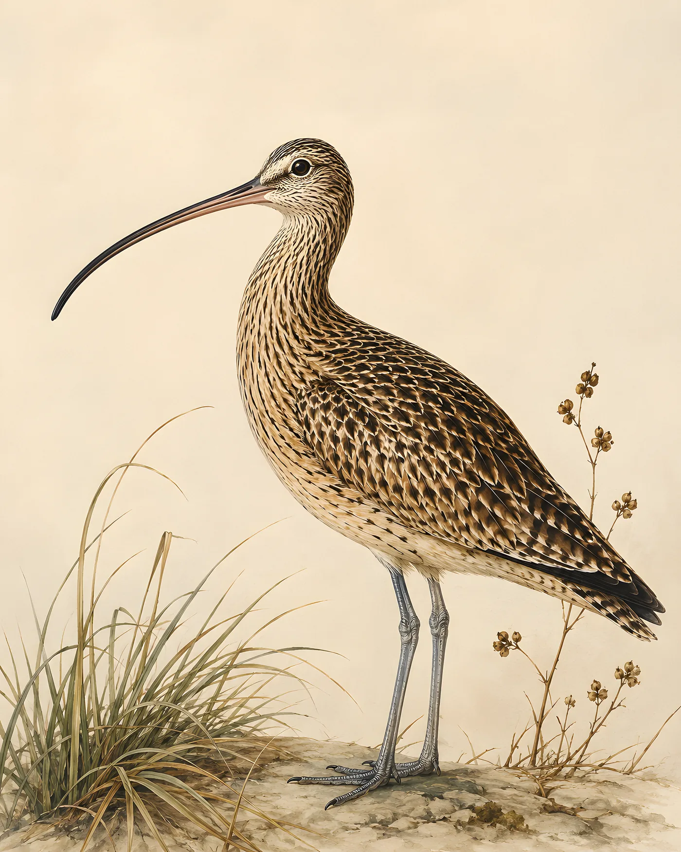 Fine-art Long-billed Curlew print in a contemporary Audubon-inspired natural-history style