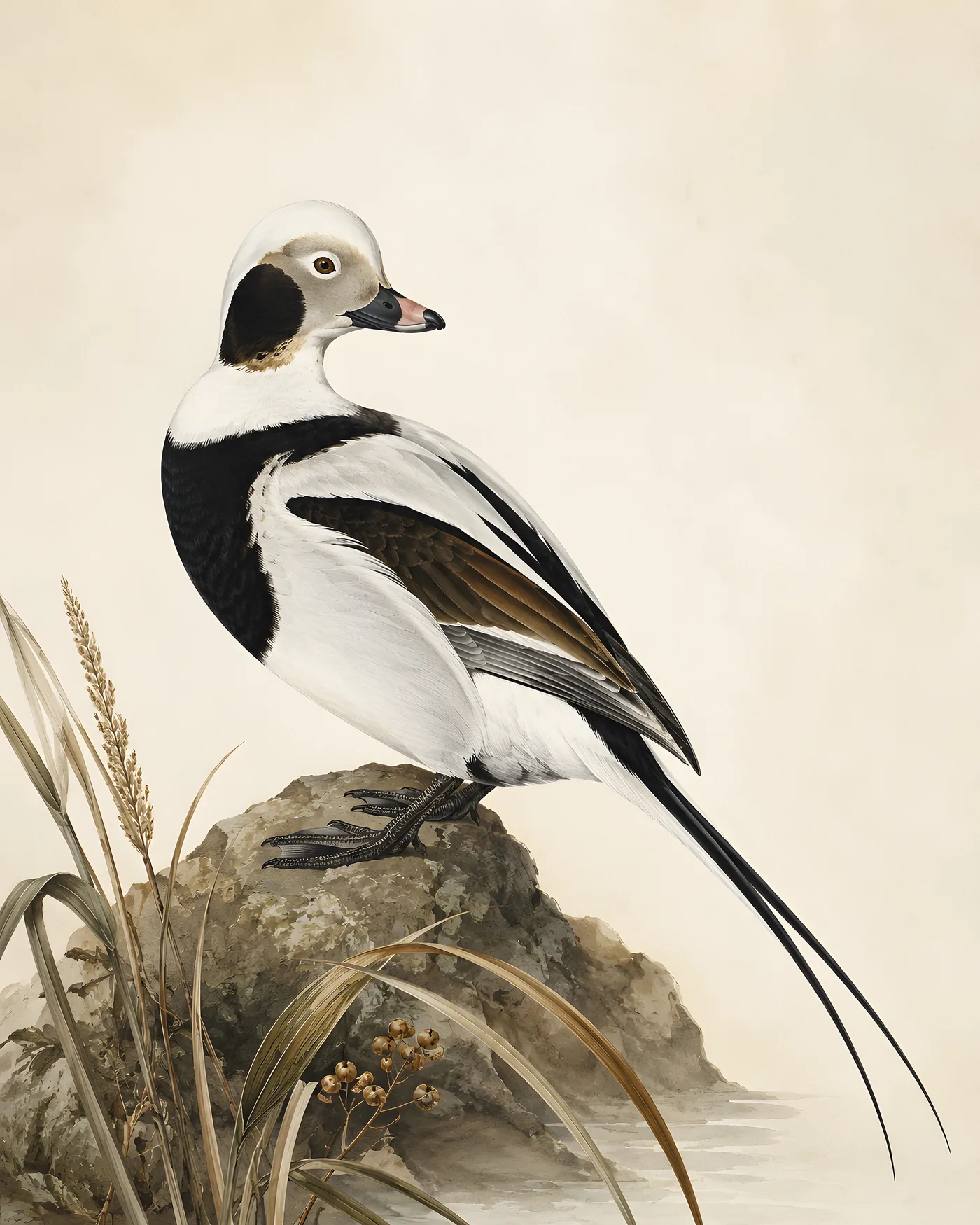Fine-art Long-tailed Duck print in the Audubon style