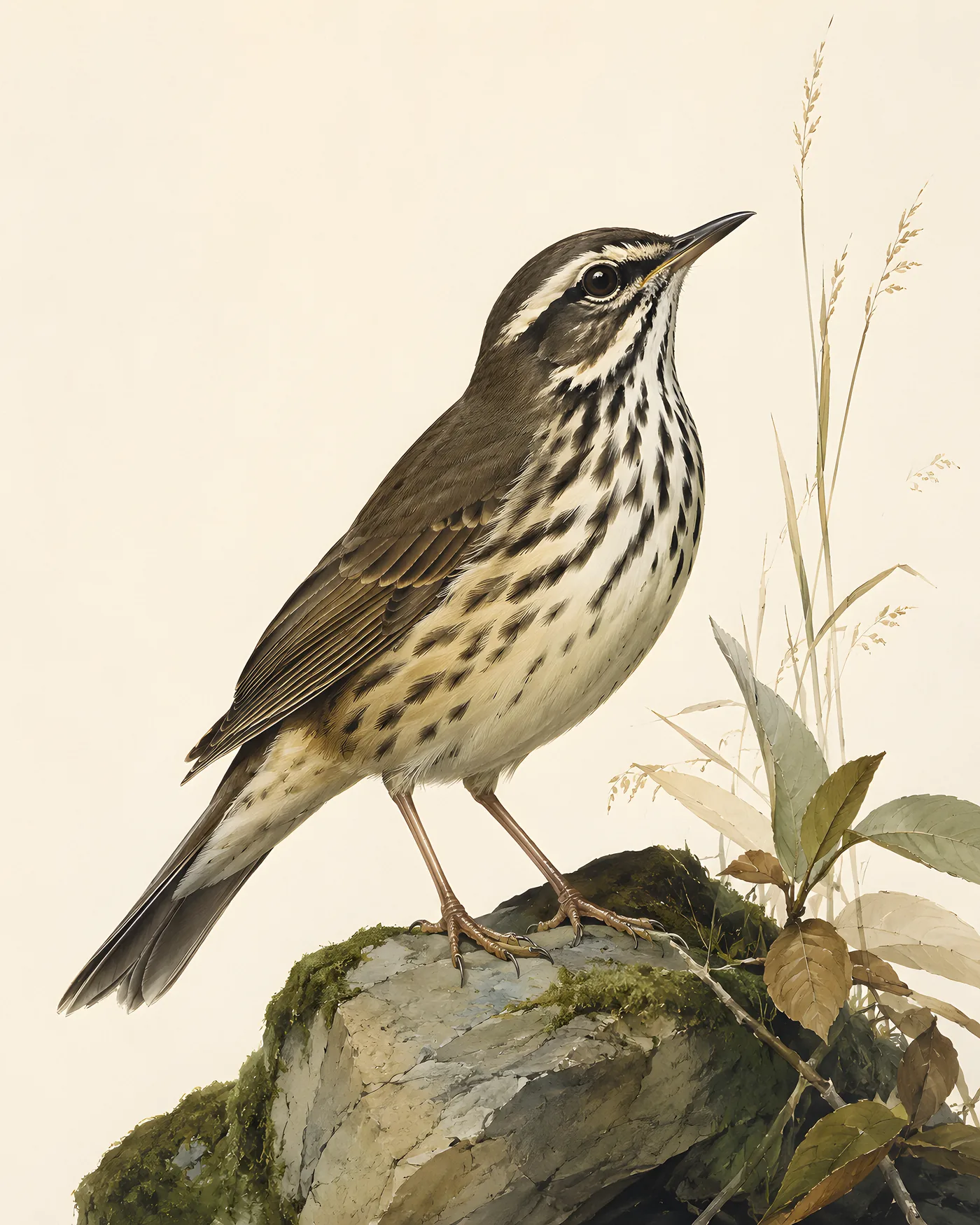 Fine-art Louisiana Waterthrush print rendered in a contemporary Audubon-inspired natural-history style with a soft paper-grain finish