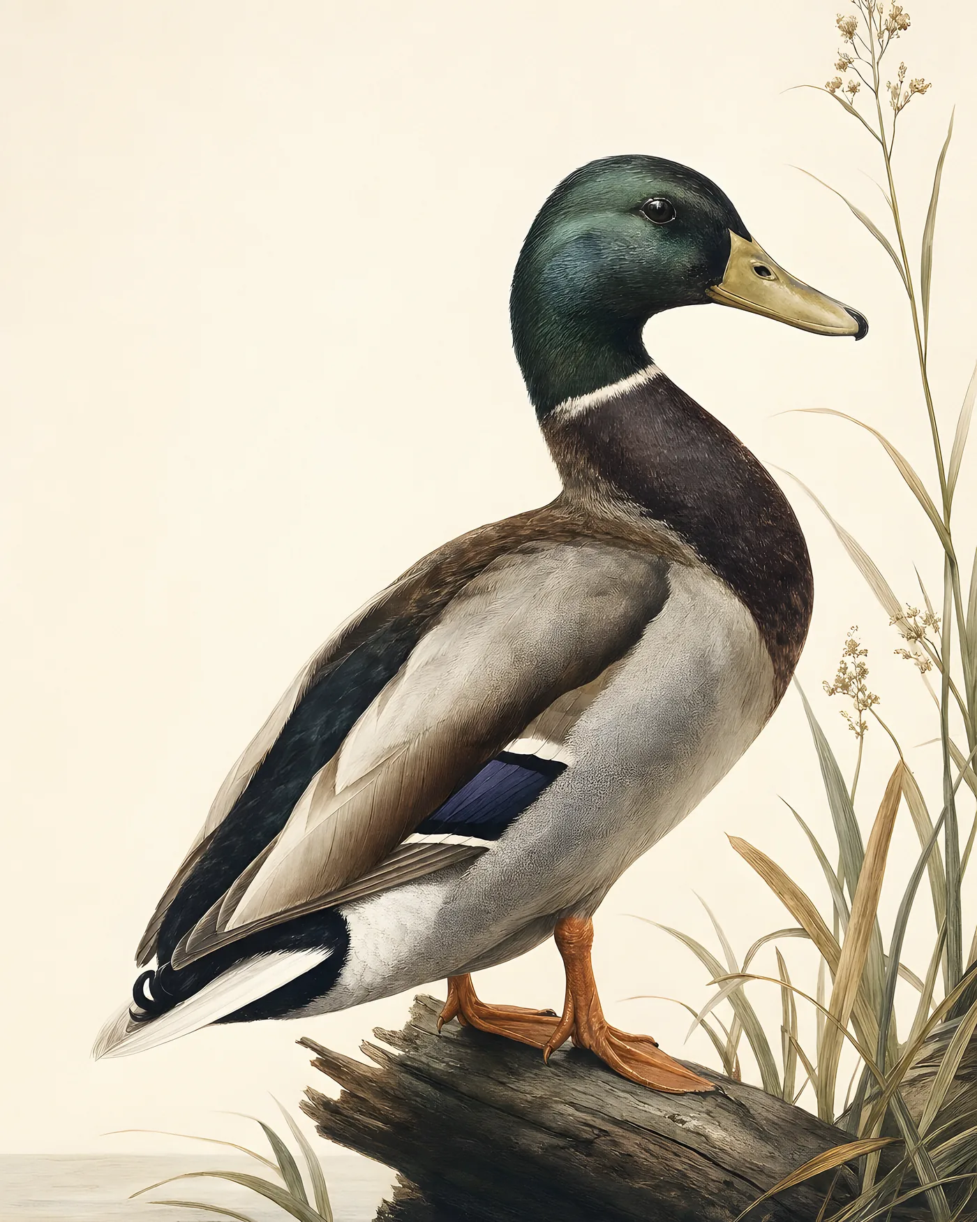 Fine-art plate of a drake Mallard at a reedy water's edge, glossy green head and chestnut breast, in the Audubon style