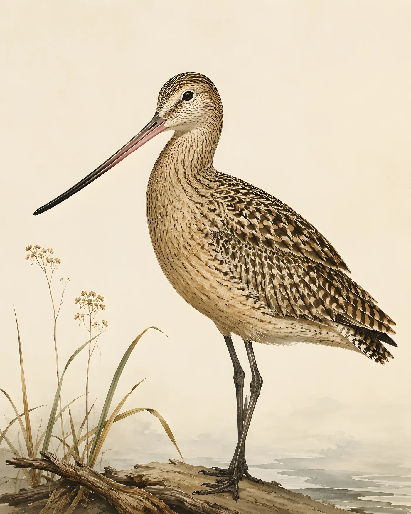 Fine-art Marbled Godwit print in a contemporary Audubon-inspired natural-history style