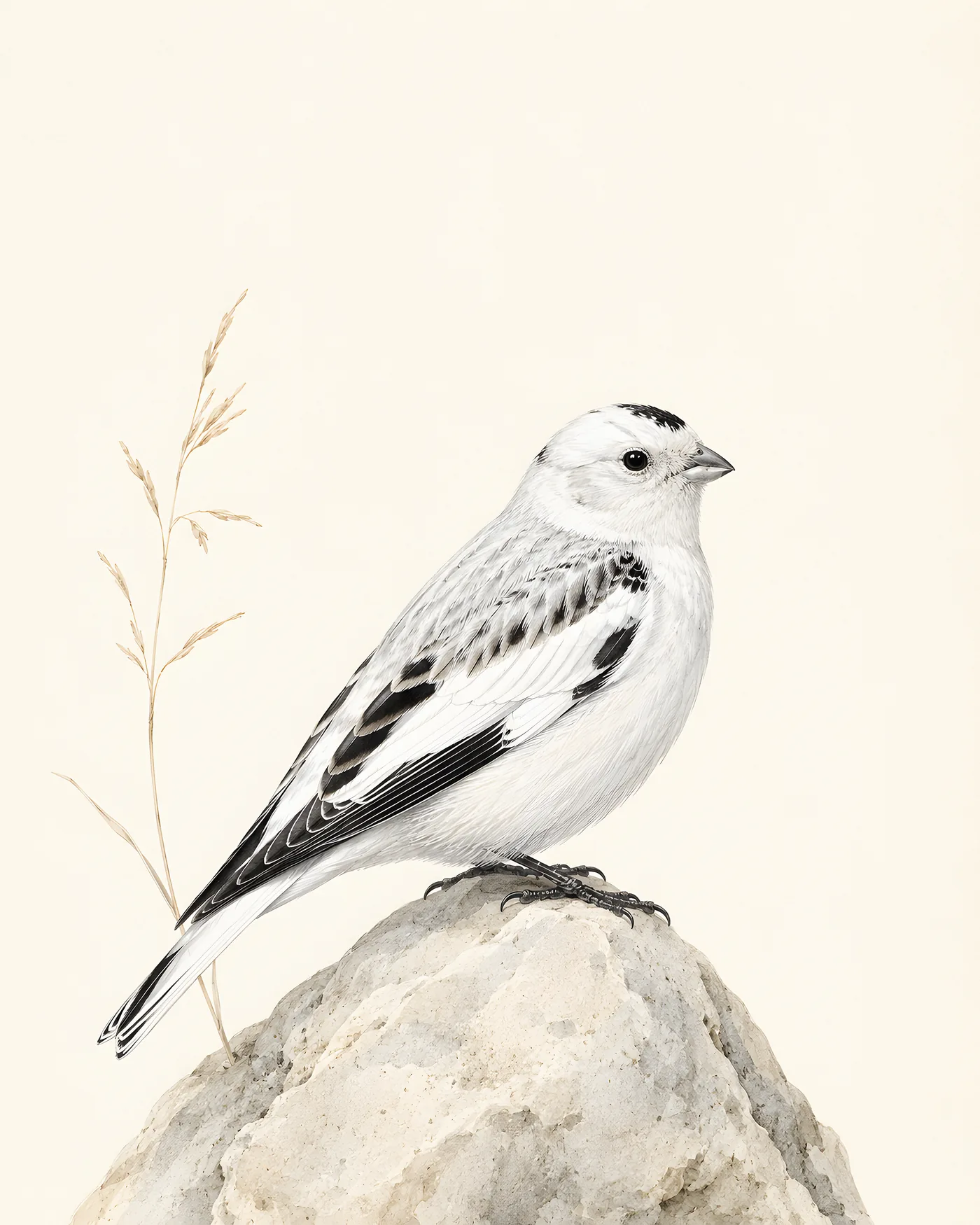 Fine-art McKay's Bunting print, a white-bodied bunting with bold dark wing markings, in a contemporary Audubon-inspired style