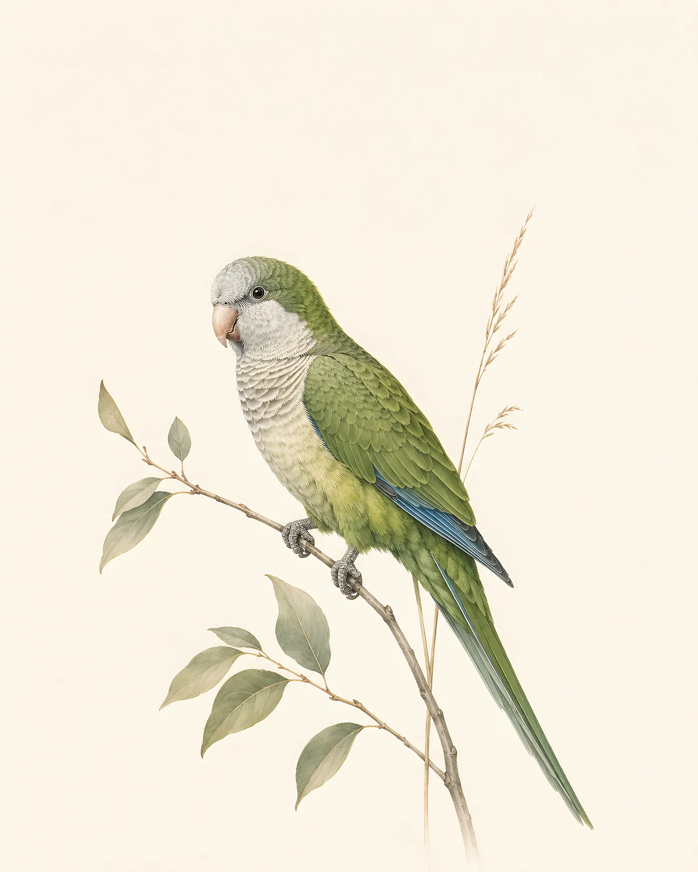 Monk Parakeet or Quaker Parrot perched on a slender twig with green back, grey face and pale scalloped breast.