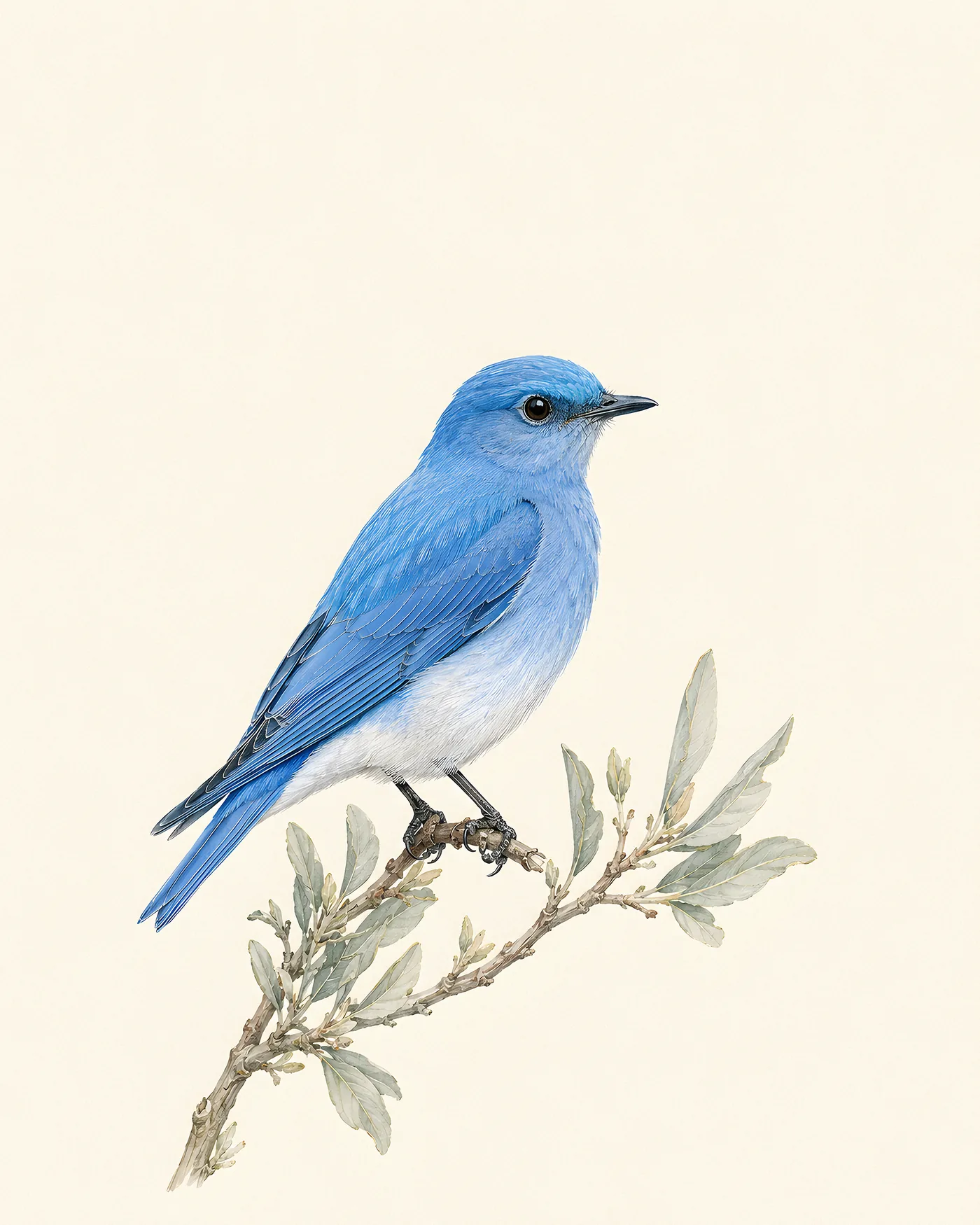 Audubon-style fine-art print of a male Mountain Bluebird perched on sagebrush