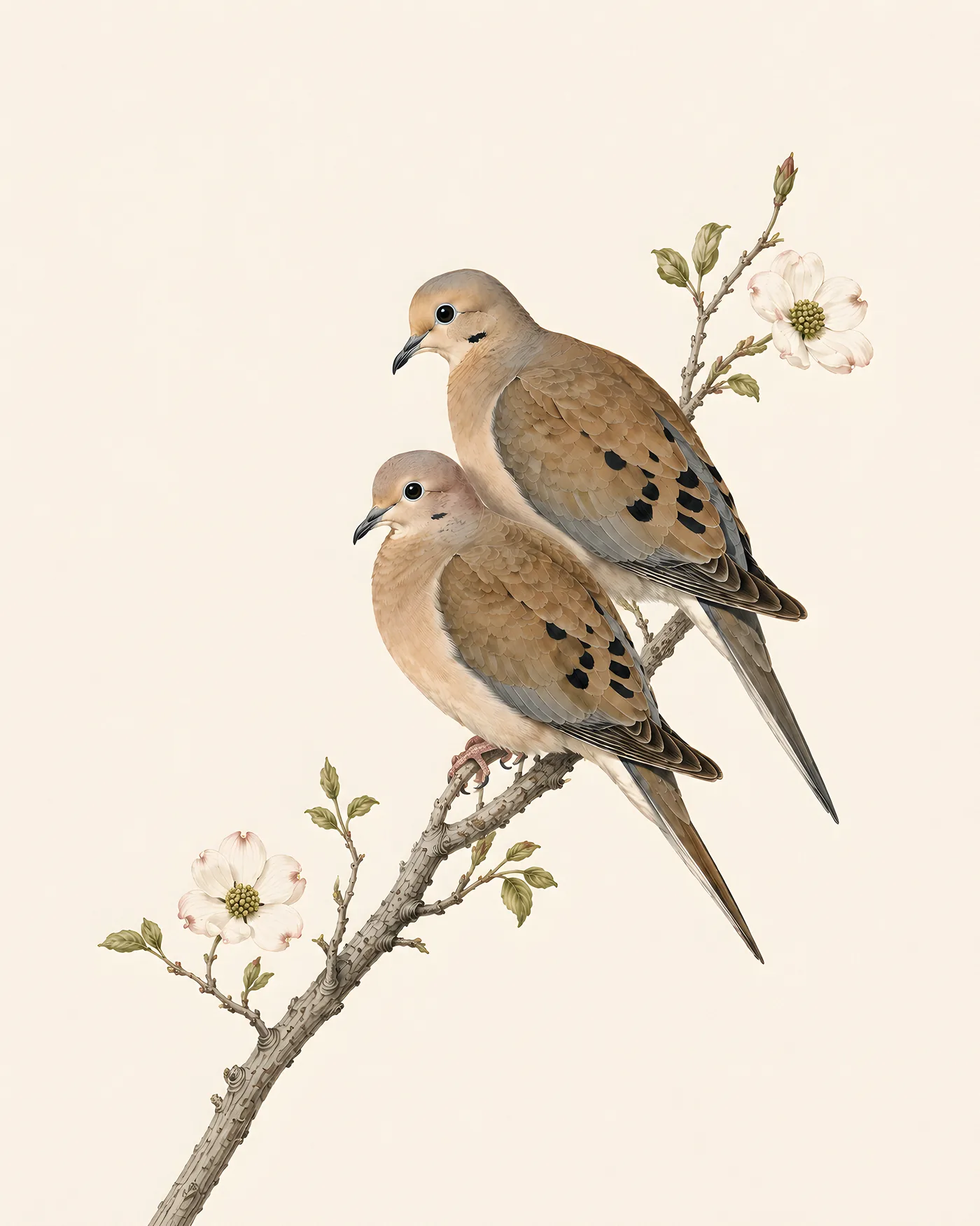 Fine-art plate of a pair of Mourning Doves on a flowering branch in the Audubon style