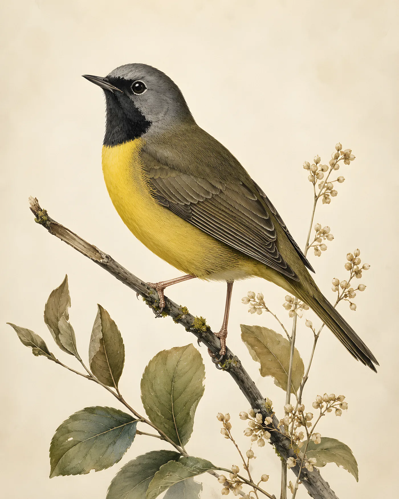 Fine-art Mourning Warbler print rendered in a contemporary Audubon-inspired natural-history style with a soft paper-grain finish