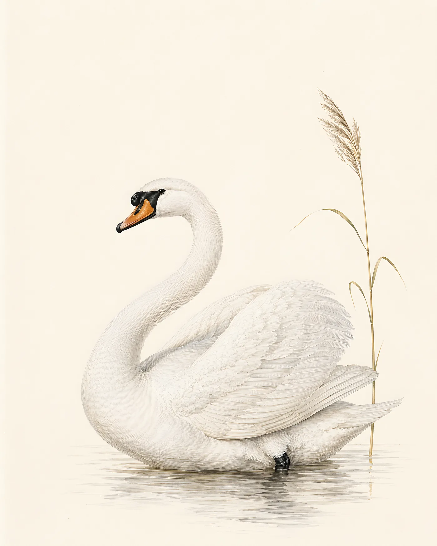 Mute Swan at rest on water, neck in full S-curve, in the Audubon style