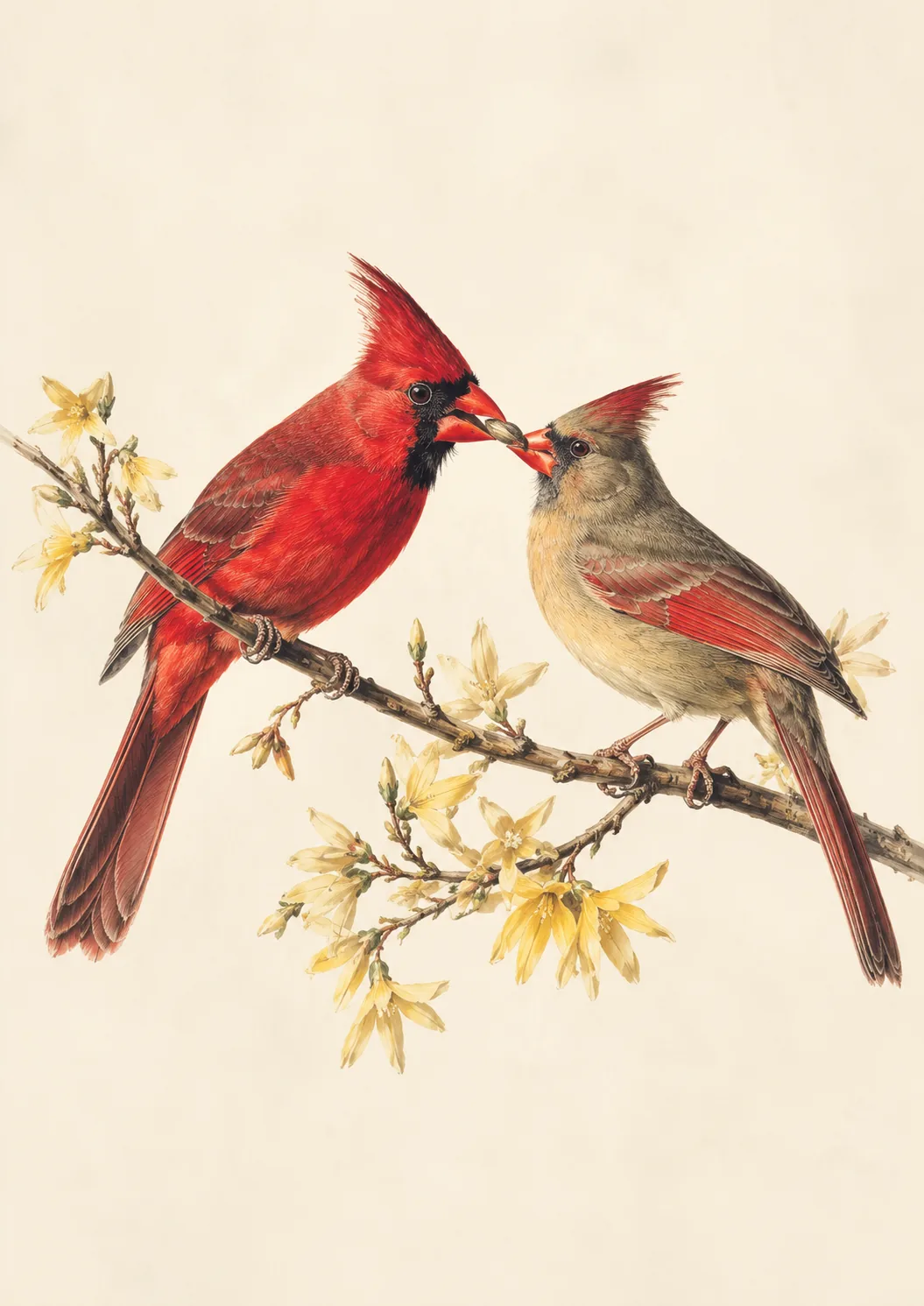 Audubon-style fine-art print of a pair of Northern Cardinals in courtship feeding