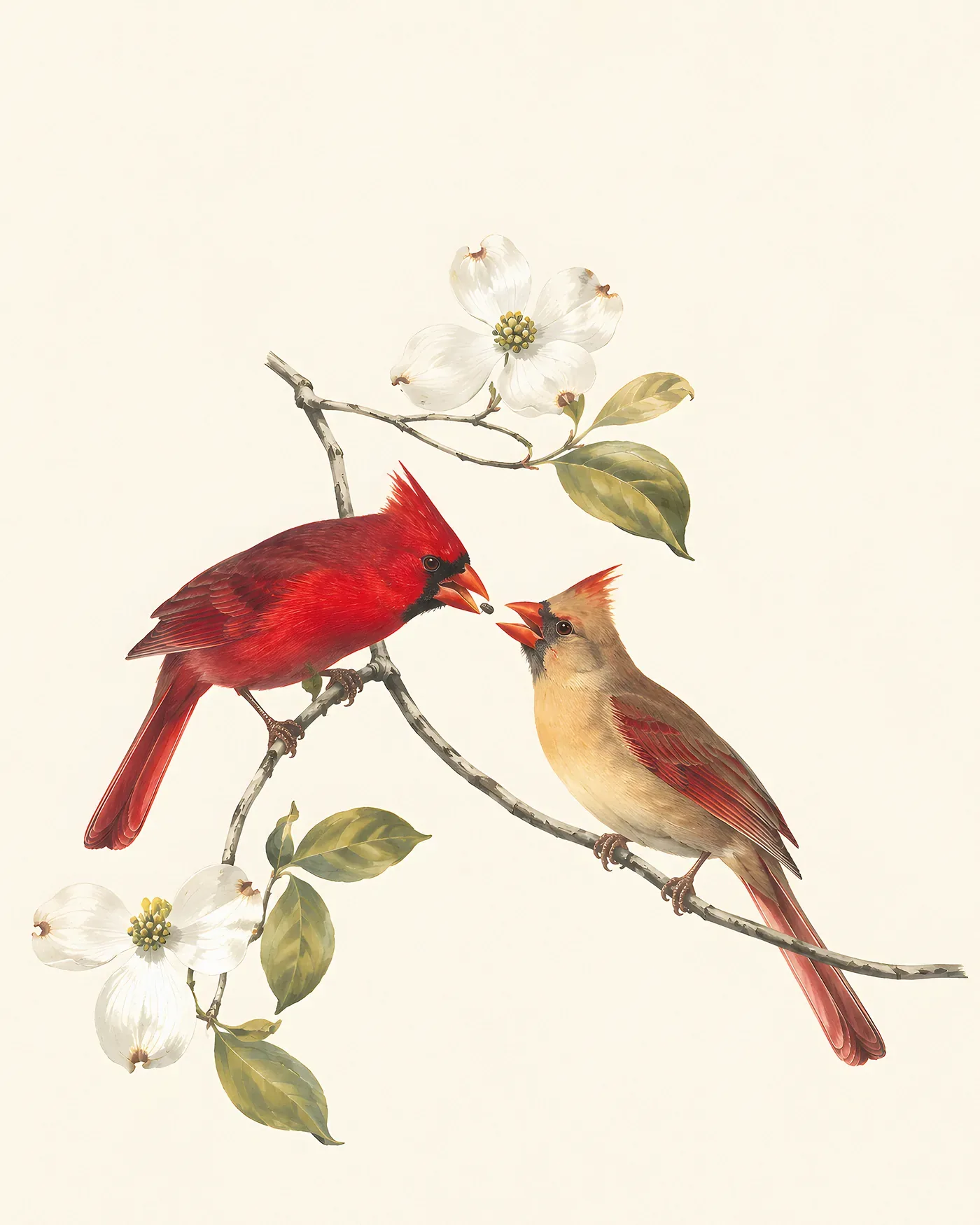 Audubon-style fine-art print of a male Northern Cardinal courtship-feeding a female on a winter branch